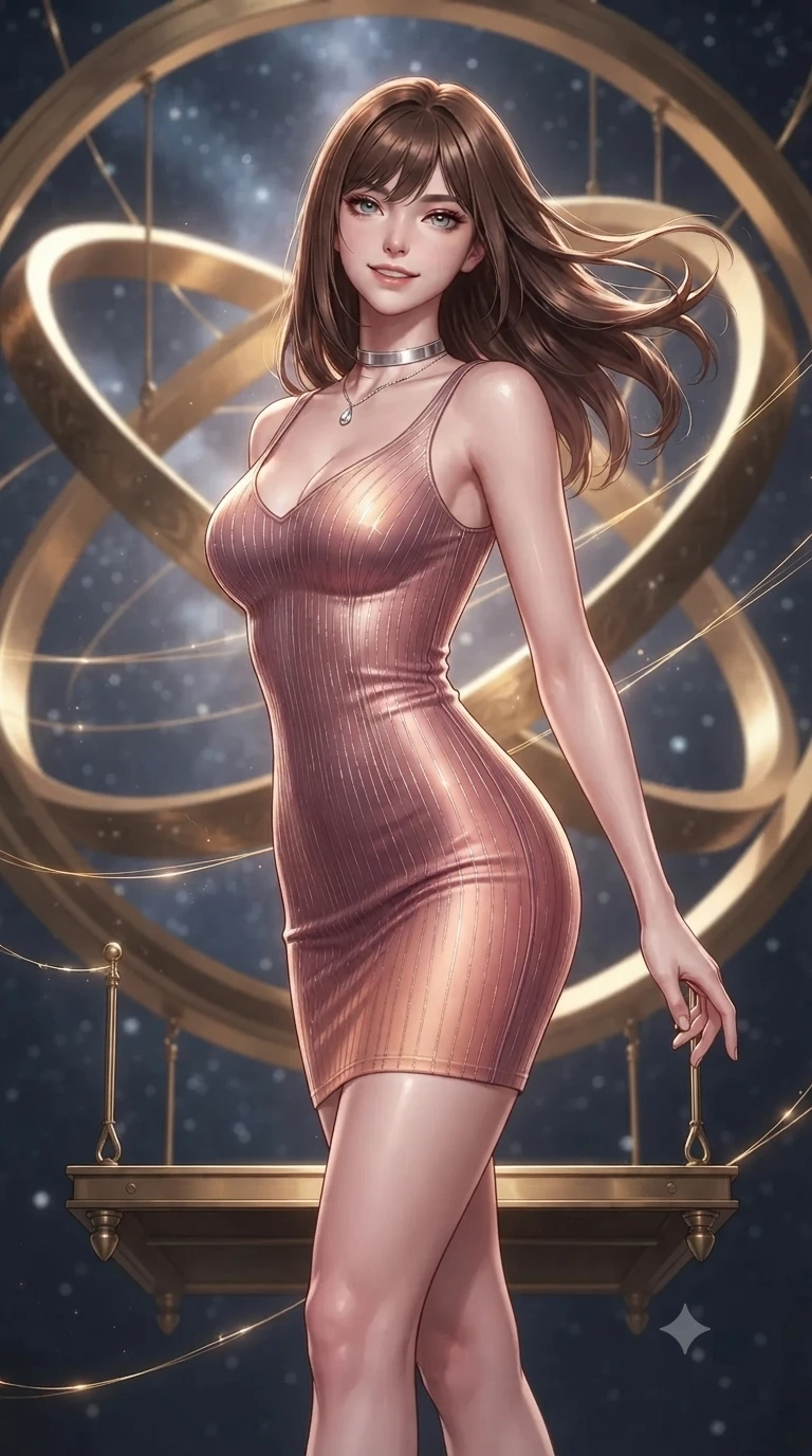 score_9, masterpiece, best quality, ultra-detailed, high-budget anime keyframe, editorial fashion photography, tasteful artistic composition, Korean woman. close-up cowboy shot from the waist and thighs up, the character dominates the composition, filling the frame with her large presence. turning slowly with an enchanting smoldering smile, her glossy hair tossing in the breeze as her hips angle gracefully in a captivating contrapposto while standing poised on the suspended brass gantry beneath giant interlocking armillary rings, arching her lower back as fine threads of liquid gold weave through the air. The background shows a soft-focus cosmic particulate glow softened in celestial astrolabe observatory shallow focus. She has an exceptionally elegant, slender, and willowy female figure with an ultra-slim waist, flat toned midriff, narrow ribcage, and sculpted feminine hips creating an alluring, slim hourglass silhouette without bulk. sharp v-shaped jawline, high-bridge nose, intricate jewel-like sparkling eyes with depth, thick eyelashes, glossy parted lips with a natural peach sheen, bright cheerful beaming smile with an enchanting and coquettish sensual glint, exuding both youthful cute charm and seductive allure, flawlessly proportioned anatomical accuracy, strict slender model proportions, natural body alignment, perfectly sculpted long slender limbs, ultra-slim waistline, clean dynamic posture without body distortion. wearing a tailored liquid velvet bodycon dress with metallic fiber pinstripes following her statuesque 8.5-heads silhouette in Solaris liquid rose-quartz and alien peach, tailored from high-density tech-wool with subtle metallic thread weave, finished with a minimalist chrome choker and a single teardrop diamond pendant, the second-skin tailored fabric adhering flawlessly to her sculpted flat midriff and slender torso, emphasizing her long leg lines and perfectly proportioned willowy build. bathed in cold diamond starlight contrasted with the radiant warm gold of glowing armillary threads. ultra-reflective glossy finish, specular highlights, rich textural contrasts, high-contrast stereoscopic depth, volumetric dynamic lighting, 2k, ultra detail, master piece, 9:16 ratio