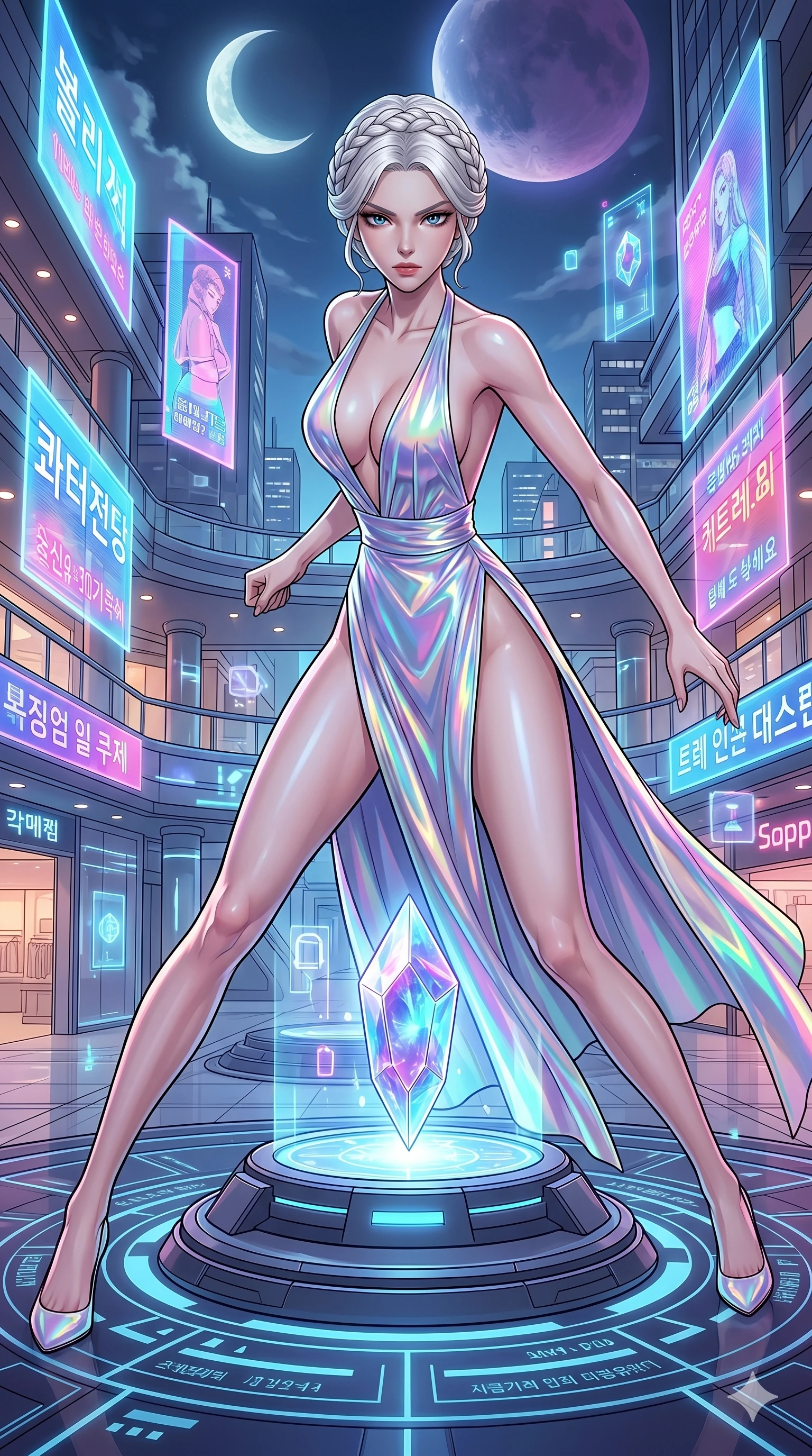 score_9, masterpiece, best quality, ultra-detailed, high-budget anime movie keyframe, cinematic anime lighting, intricate line art, Korean woman. Dynamic full-body shot stretching the vertical silhouette across the 9:16 frame. defending a sacred relic in a holographic shopping mall under a twin-moon sky. She has an absolutely perfect 8-heads proportion, an exceptionally tall and slender female figure with an ultra-slim waist and impossibly long slender legs. sharp v-shaped jawline, high-bridge nose, intricate jewel-like eyes, thick eyelashes, glossy lips. Wearing avant-garde high-fashion gown made of iridescent vinyl with a dangerously high side slit and a plunging neckline, revealing an ultra-slim waist and long slender legs. The scene is illuminated by dramatic atmospheric lighting and vibrant color palettes. , 2k, ultra detail, master piece, 9:16 ratio