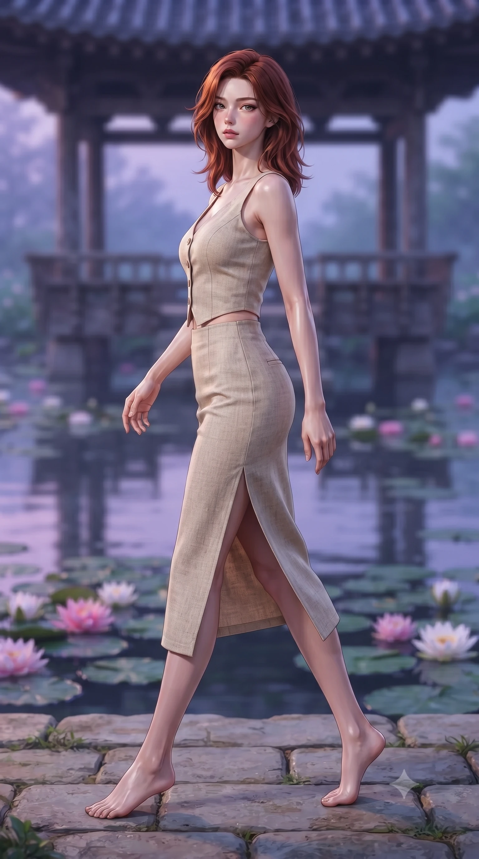 score_9, masterpiece, best quality, ultra-detailed, high-budget anime keyframe, editorial fashion photography, tasteful artistic composition, Korean woman. low angle full-body shot from head to toe showing her feet, filling the entire 9:16 vertical frame with her statuesque presence, stretching her vertical silhouette. stepping gracefully while looking back over her shoulder, her dress draped tightly to reveal her silhouette the background shows a soft-focus an old wooden pavilion overlooking a calm pond filled with blooming water lilies. She has an absolutely perfect, statuesque 8.5-heads proportion, an exceptionally tall and slender model-like female figure with impossibly long slender legs and an ultra-slim waist. sharp v-shaped jawline, high-bridge nose, intricate jewel-like eyes with depth, thick eyelashes, glossy lips with a natural sheen. wearing a body-hugging tailored vacation outfit of a linen crop vest and a matching side-slit midi skirt, revealing a subtle waist cutout. the serene purple and blue hues of twilight reflecting on the still water. ultra-reflective glossy finish, specular highlights, metallic sheen, high-contrast stereoscopic depth, volumetric dynamic lighting, 2k, ultra detail, master piece, 9:16 ratio