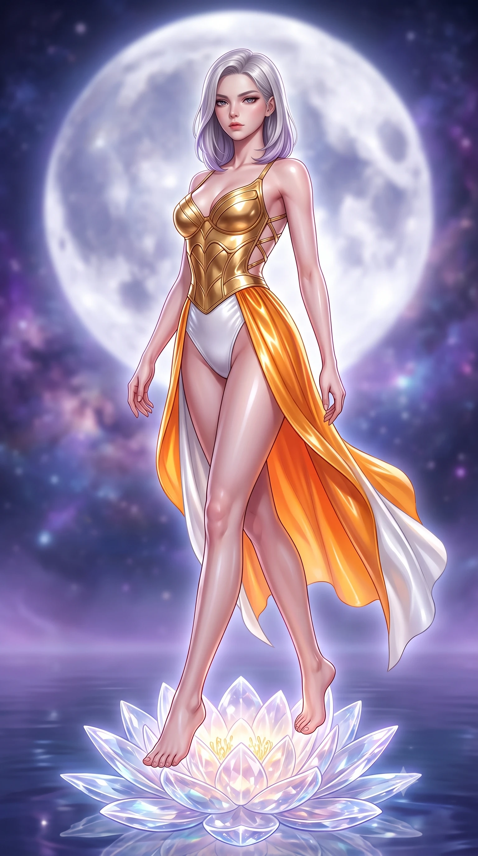 score_9, masterpiece, best quality, ultra-detailed, high-budget anime keyframe, semi-realistic 3D game render, editorial fashion photography, tasteful artistic composition, Caucasian woman. low angle full-body shot from head to toe showing her feet, filling the entire 9:16 vertical frame with her statuesque presence, stretching her vertical silhouette. striding forward in a proud, statuesque motion with a dangerous smolder, her vertical silhouette dominating the frame from head to toe while standing with sovereign poise atop a glowing crystal lotus blossom floating in a mirror-like glass lake under the Milky Way. The composition keeps background elements in soft focus with creamy bokeh. giant glowing silver moon and swirling galaxy nebulae blurred into dreamy violet and indigo bokeh. She has an absolutely perfect, statuesque 8.5-heads proportion, an exceptionally tall and slender model-like female figure with impossibly long slender legs, a toned flat midriff, and an ultra-slim waist. sharp v-shaped jawline, high-bridge nose, intricate jewel-like eyes with depth, thick eyelashes, glossy lips with a natural sheen, flawlessly proportioned anatomical accuracy, strict slender model proportions, natural body alignment, perfectly sculpted long slender limbs, ultra-slim waistline, clean dynamic posture without body distortion. wearing a sculpted golden breastplate bodice paired with high-cut white satin briefs and a fluid draped side skirt in vivid sunset amber orange and cloud white, crafted from ultra-reflective second-skin latex with a high-gloss glass-like polish, complemented by criss-cross back straps highlighting her completely bare spine, the sleek second-skin cut tightly hugging her graceful clavicle, narrow waist, and feminine curves with athletic precision. surrounded by an ethereal, mystical, and breathtakingly divine moon-goddess aura. highly saturated vibrant anime colors, detailed shading with soft gradients, rich glossy textures, high-contrast stereoscopic depth, volumetric dynamic lighting, master piece, 9:16 ratio