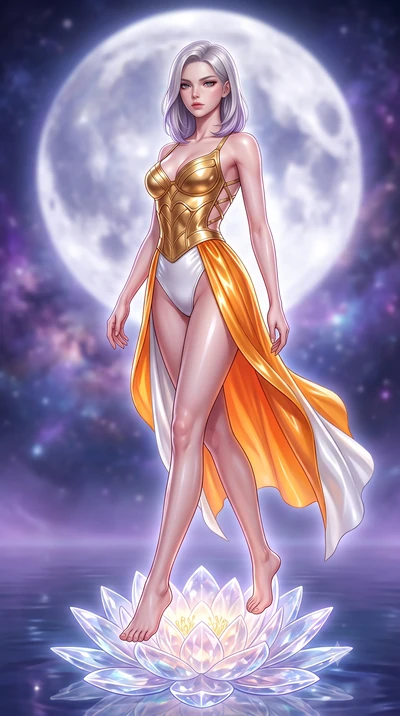 score_9, masterpiece, best quality, ultra-detailed, high-budget anime keyframe, semi-realistic 3D game render, editorial fashion photography, tasteful artistic composition, Caucasian woman. low angle full-body shot from head to toe showing her feet, 