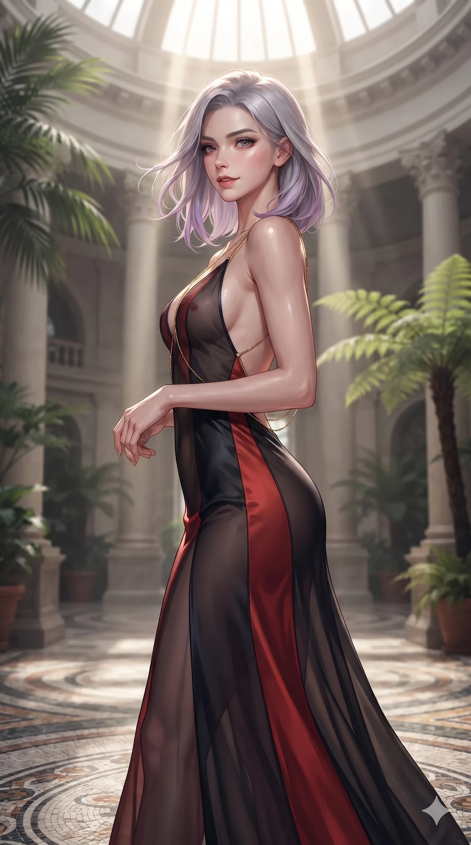 score_9, masterpiece, best quality, ultra-detailed, high-budget anime keyframe, editorial fashion photography, tasteful artistic composition, Caucasian woman. close-up cowboy shot from the waist and thighs up, the character dominates the composition, filling the frame with her large presence. turning slowly with an enchanting smoldering smile, her glossy hair tossing in the breeze as her hips angle gracefully in a captivating contrapposto while stepping gracefully across the mosaic marble floor, her long slender legs and curvy hourglass hips commanding the monumental rotunda. The background shows a soft-focus grand botanical palace rotunda softened in neoclassical shallow focus. She has an exceptionally elegant, slender, and willowy female figure with an ultra-slim waist, flat toned midriff, narrow ribcage, and sculpted feminine hips creating an alluring, slim hourglass silhouette without bulk. sharp v-shaped jawline, high-bridge nose, sparkling eyes with hypnotic seductive depth, thick curled eyelashes, glossy parted lips with a natural dewy peach sheen, alluring bedroom-eyes with an enchanting coquettish smile, exuding magnetic siren charisma and sophisticated glamour, flawlessly proportioned anatomical accuracy, strict slender model proportions, natural body alignment, perfectly sculpted long slender limbs, ultra-slim waistline, clean dynamic posture without body distortion. wearing a plunge-front sheer illusion tulle slip dress with liquid platinum ribbon stripes hugging her curves in midnight obsidian black and rich cinnabar red, tailored from smooth liquid silk satin that clings smoothly to her narrow waist and rounded hips with a dewy sheen, accented with a gold body chain harness subtly framing her dewy collarbones and spine, the precision-cut side openings and low-back scoop framing her graceful spine and the sensual sweep of her slim, toned hips. bathed in vertical shafts of dramatic midday sunlight beaming down directly through the apex cupola. ultra-reflective glossy finish, specular highlights, rich textural contrasts, high-contrast stereoscopic depth, volumetric dynamic lighting, 2k, ultra detail, master piece, 9:16 ratio