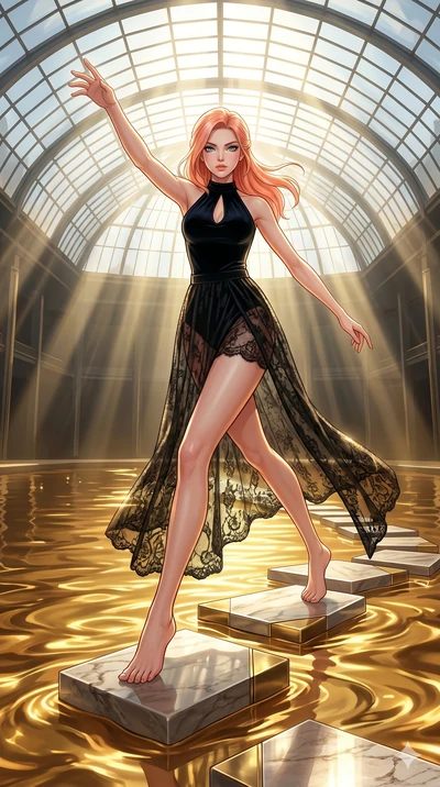 score_9, masterpiece, best quality, ultra-detailed, high-budget anime keyframe, editorial fashion photography, tasteful artistic composition, Japanese woman. low angle full-body shot from head to toe showing her feet, filling the entire 9:16 vertical