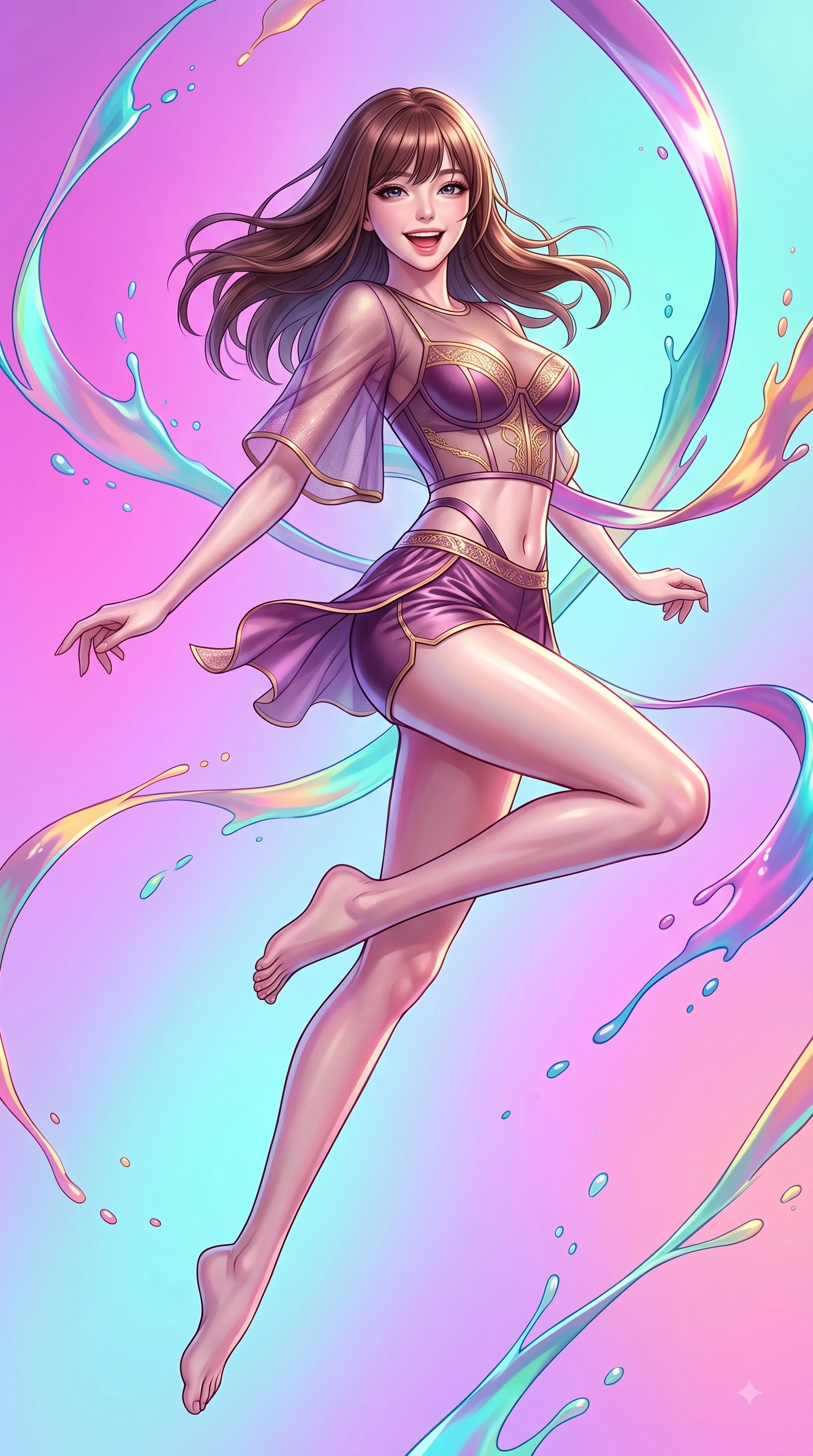 score_9, masterpiece, best quality, ultra-detailed, high-budget anime keyframe, editorial fashion photography, tasteful artistic composition, Korean woman. low angle full-body shot from head to toe showing her feet, filling the entire 9:16 vertical frame with her statuesque presence, stretching her vertical silhouette. performing a cheerful mid-air rotation with flawless poise, her radiant smile capturing pure happy energy while leaping dynamically through the air with a radiant laughing expression on an open art stage, vibrant ribbons of opal paint and color splashes frozen in mid-air around her figure. She has an absolutely perfect, statuesque 8.5-heads proportion, an exceptionally tall and slender model-like female figure with impossibly long slender legs and an ultra-slim waist. sharp v-shaped jawline, high-bridge nose, intricate jewel-like eyes with depth, thick eyelashes, glossy lips with a natural sheen, flawlessly proportioned anatomical accuracy, natural body alignment, perfectly sculpted elegant limbs, clean dynamic posture without body distortion. wearing a delicate see-through mesh top with structured cup boning and micro-shorts in plum purple and gold filigree, crafted from lustrous satin jersey with fluid draping, featuring subtle geometric cutouts that highlight her ultra-slim midriff, the sleek second-skin texture accentuating her magnetic presence. surrounded by a radiant glow of magenta, aqua, and golden fluid highlights. highly saturated vibrant anime colors, detailed shading with soft gradients, rich glossy textures, high-contrast stereoscopic depth, volumetric dynamic lighting, master piece, 9:16 ratio