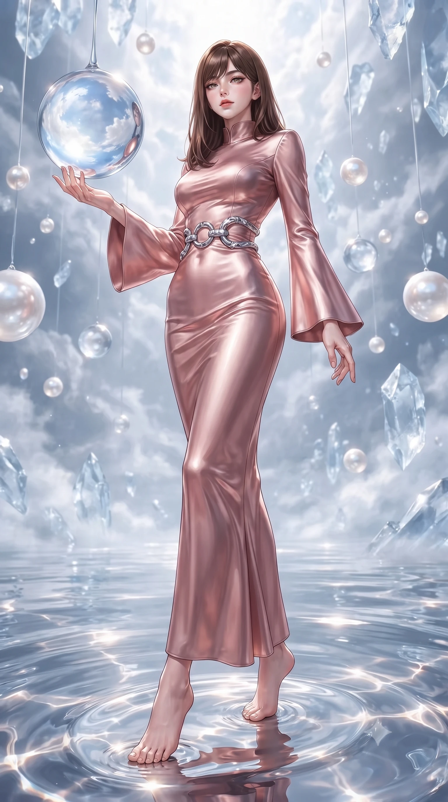 score_9, masterpiece, best quality, ultra-detailed, high-budget anime keyframe, editorial fashion photography, tasteful artistic composition, Korean woman. low angle full-body shot from head to toe showing her feet, filling the entire 9:16 vertical frame with her statuesque presence, stretching her vertical silhouette. forging confidently through the floating crystal mist, holding a poised statuesque stance, touching a suspended sphere of liquid pearl reflecting a bright sky full of clouds, ultra-reflective liquid mercury ripples casting shimmering light patterns. She has an absolutely perfect, statuesque 8.5-heads proportion, an exceptionally tall and slender model-like female figure with impossibly long slender legs and an ultra-slim waist. sharp v-shaped jawline, high-bridge nose, intricate jewel-like eyes with depth, thick eyelashes, glossy lips with a natural sheen. wearing gothic high-collar rose-gold silk evening gown with long bell sleeves in champagne gold, made of liquid mercury jersey, accented with sculpted opal chrome rings at the waist, sculpting her athletic slender build with refined precision. illuminated by ultra-bright specular highlights reflecting off liquid pearl. highly saturated vibrant anime colors, detailed shading with soft gradients, rich glossy textures, high-contrast stereoscopic depth, volumetric dynamic lighting, master piece, 9:16 ratio