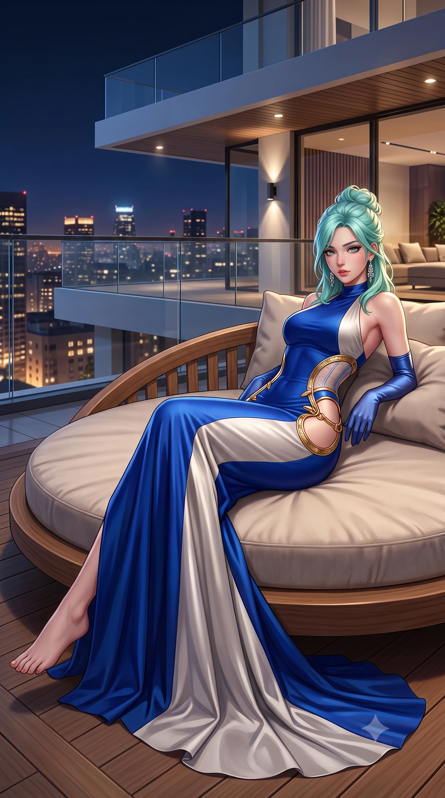 score_9, masterpiece, best quality, ultra-detailed, high-budget anime keyframe, semi-realistic 3D game render, editorial fashion photography, tasteful artistic composition, Japanese woman. low angle full-body shot from head to toe showing her feet, filling the entire 9:16 vertical frame with her statuesque presence, stretching her vertical silhouette. reclining on her side in an elegant Cleopatra pose with one knee drawn up, the dramatic contour of her rounded hips and long slender legs commanding the 9:16 vertical frame while stretching languidly across an oversized circular lounge daybed, spine arched as warm midnight city light illuminates her sculpted hip silhouette. The surrounding environment is rendered in vivid detail and crisp panoramic clarity. crystal-clear penthouse glass railings, modern teak wood decking, and sharp architectural angles in deep focus. She has an absolutely perfect, statuesque 8.5-heads proportion, an exceptionally tall and slender model-like female figure with impossibly long slender legs, a toned flat midriff, an ultra-slim waist, and beautifully sculpted feminine hips. sharp v-shaped jawline, high-bridge nose, intricate jewel-like eyes with depth, thick eyelashes, glossy parted lips with a natural sheen, intensely captivating and seductive bedroom-eyes expression, flawlessly proportioned anatomical accuracy, strict slender model proportions, natural body alignment, perfectly sculpted long slender limbs, ultra-slim waistline, clean dynamic posture without body distortion. wearing a form-contouring mermaid gown with curved architectural hip cutouts framed by metallic gold hardware in royal sapphire blue and brushed platinum, made of fluid silk crepe with delicate inner corsetry boning, complemented by opera-length satin gloves and sparkling chandelier earrings, the form-contouring material adhering flawlessly to her sculpted flat midriff and slender torso, emphasizing her long leg lines and perfectly proportioned willowy build. illuminated by crisp directional edge lights sharply sculpting her slender waist and curvy feminine hips. highly saturated vibrant anime colors, detailed shading with soft gradients, rich glossy textures, high-contrast stereoscopic depth, volumetric dynamic lighting, master piece, 9:16 ratio