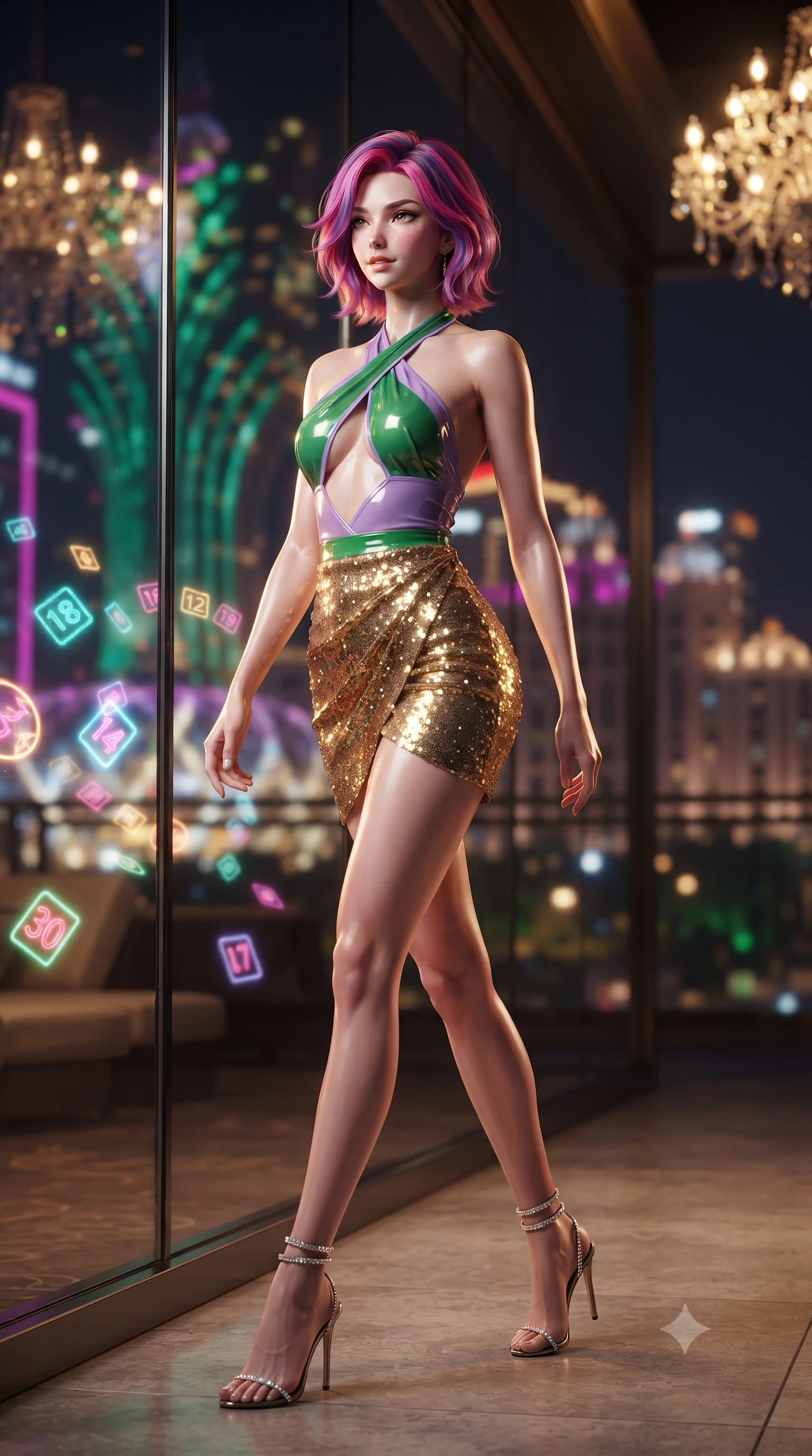 score_9, masterpiece, best quality, ultra-detailed, high-budget anime keyframe, editorial fashion photography, tasteful artistic composition, Caucasian woman. low angle full-body shot from head to toe showing her feet, filling the entire 9:16 vertical frame with her statuesque presence, stretching her vertical silhouette. walking along the terrace with poise, looking back over her bare shoulder with an irresistible smoldering bedroom-gaze while standing poised beside the floor-to-ceiling glass wall overlooking Macau lights with hips cocked back, casting a smoldering, dangerous half-smile. The background shows a soft-focus floating neon holographic roulette numbers, towering mega-resort neon facades outside, and crystal chandeliers blurred into emerald, magenta, and gold bokeh. She has an absolutely perfect, statuesque 8.5-heads proportion, an exceptionally tall and slender model-like female figure with impossibly long slender legs, an ultra-slim waist, a flat toned midriff, narrow delicate ribcage, and beautifully sculpted feminine hips creating a graceful, slim hourglass silhouette without any bulky heaviness. sharp v-shaped jawline, high-bridge nose, sparkling eyes with hypnotic seductive depth, thick curled eyelashes, glossy parted lips with a natural dewy peach sheen, alluring bedroom-eyes with an enchanting coquettish smile, exuding magnetic siren charisma and sophisticated glamour, flawlessly proportioned anatomical accuracy, strict slender model proportions, natural body alignment, perfectly sculpted long slender limbs, ultra-slim waistline, clean dynamic posture without body distortion. wearing a high-waisted gold sequin wrap mini skirt paired with a plunging criss-cross halter sports top in vibrant jungle monstera green and dewy orchid lavender, crafted from wet-look high-gloss vinyl fabric with dazzling specular surface reflections, complemented by strappy stiletto sandals with crystal ankle wraps accentuating her slender calves, the liquid-tight tailored fabric clinging flawlessly to her narrow waist and rounded feminine hips, emphasizing every millimeter of her sculpted slim hourglass curves without any bulky heaviness. illuminated by city skyline neon reflections and sharp warm-gold rim lights sculpting her razor-sharp jawline, narrow waist, and curvy hips. ultra-reflective glossy finish, specular highlights, rich textural contrasts, high-contrast stereoscopic depth, volumetric dynamic lighting, 2k, ultra detail, master piece, 9:16 ratio