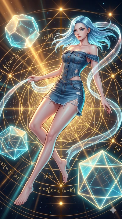 score_9, masterpiece, best quality, ultra-detailed, high-budget anime keyframe, Japanese woman. low angle full-body shot filling the entire 9:16 frame with her statuesque presence, stretching the vertical silhouette. floating gracefully in a mathemat