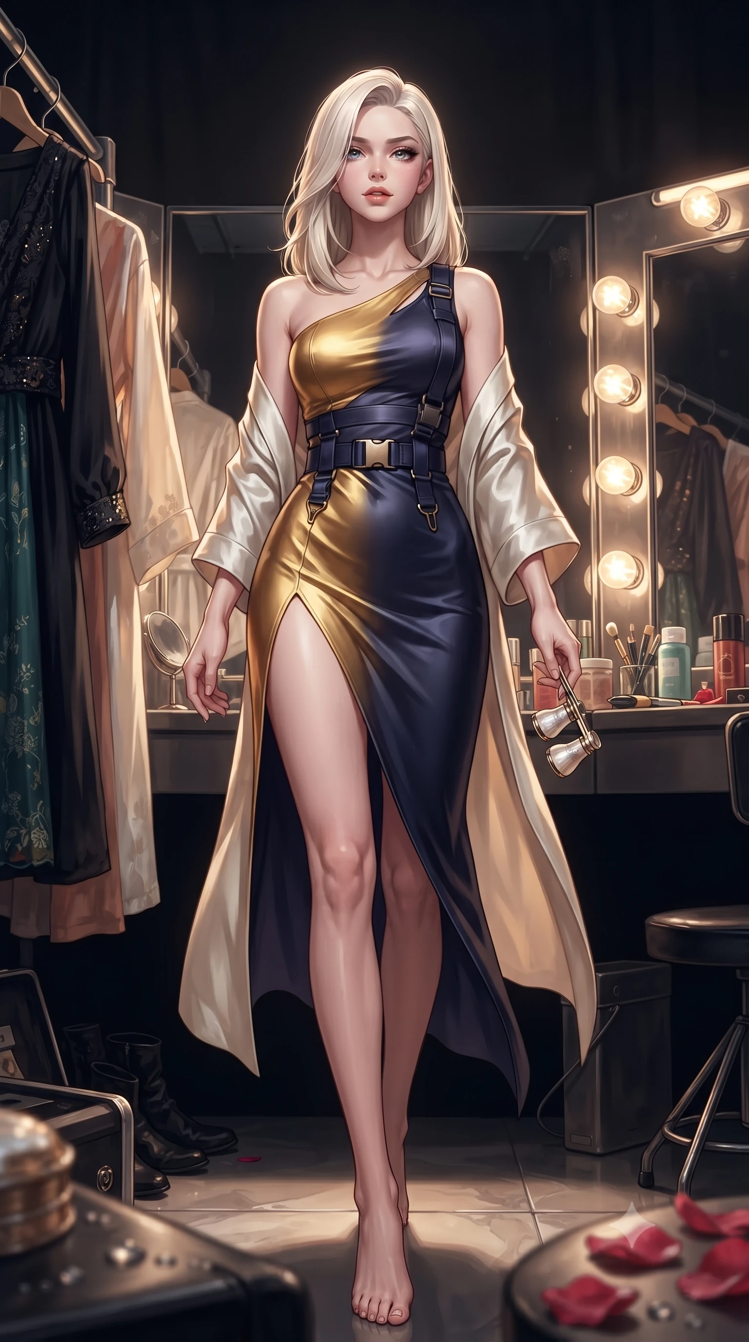 score_9, masterpiece, best quality, ultra-detailed, high-budget anime keyframe, editorial fashion photography, tasteful artistic composition, Caucasian woman. low angle full-body shot from head to toe showing her feet, filling the entire 9:16 vertical frame with her statuesque presence, stretching her vertical silhouette. stepping slowly toward the camera with hypnotic grace, hips swaying in an alluring sensual rhythm that accentuates her curvy hourglass silhouette and long slender legs while standing poised between hanging stage costumes with hips cocked back, a silk robe slipping off bare shoulders with teasing allure. The surrounding environment is rendered in vivid detail and crisp panoramic clarity: sharp glass mirror reflection clarity, incandescent bulb filament glow, and fresh rose petal water droplets in deep focus. She has an absolutely perfect, statuesque 8.5-heads proportion, an exceptionally tall and slender model-like female figure with impossibly long slender legs, an ultra-slim waist, a flat toned midriff, narrow delicate ribcage, and beautifully sculpted feminine hips creating a graceful, slim hourglass silhouette without any bulky heaviness. sharp v-shaped jawline, high-bridge nose, sparkling eyes with hypnotic seductive depth, thick curled eyelashes, glossy parted lips with a natural dewy peach sheen, alluring bedroom-eyes with an enchanting coquettish smile, exuding magnetic siren charisma and sophisticated glamour, flawlessly proportioned anatomical accuracy, strict slender model proportions, natural body alignment, perfectly sculpted long slender limbs, ultra-slim waistline, clean dynamic posture without body distortion. wearing an asymmetric one-shoulder tactical compression mini dress with a dramatic hip-high slit and utility harness belt in molten liquid gold and midnight indigo, crafted from fluid liquid silk satin that clings smoothly to every curve with a dewy sheen, accented with an antique mother-of-pearl opera glass held casually in one hand, the form-contouring silhouette accentuating her sculpted flat midriff, narrow delicate ribcage, and gracefully curvy hips with intoxicating allure. illuminated by marble vanity bounce and sharp platinum-gold rim lights sculpting her jawline, ultra-slim waist, and curvy hips. ultra-reflective glossy finish, specular highlights, rich textural contrasts, high-contrast stereoscopic depth, volumetric dynamic lighting, 2k, ultra detail, master piece, 9:16 ratio