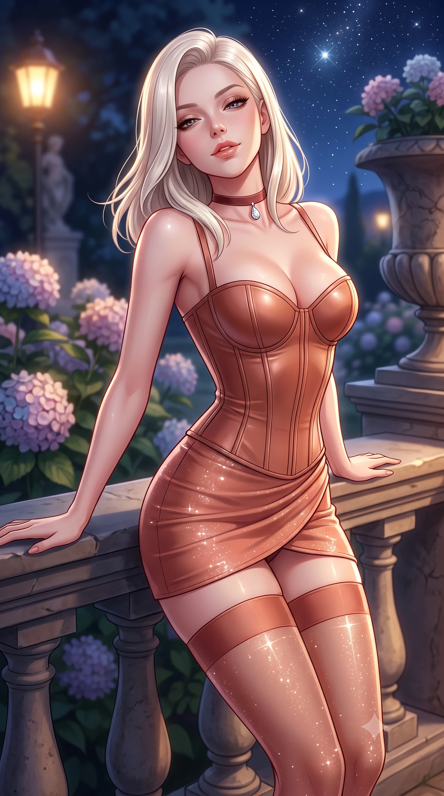 score_9, masterpiece, best quality, ultra-detailed, high-budget anime keyframe, semi-realistic 3D game render, editorial fashion photography, tasteful artistic composition, Caucasian woman. close-up cowboy shot from the waist and thighs up, the character dominates the composition, filling the frame with her large presence. leaning back against the balustrade with relaxed seductive grace, head tilted back slightly while casting a hypnotic, heavy-lidded gaze while twisting her slender torso in an alluring S-curve, midnight coastal breezes fluttering her dress around her flat midriff and feminine hips. The background shows a soft-focus blooming hydrangeas and stone urns softened in historic Italian garden shallow focus. She has an exceptionally elegant, slender, and willowy female figure with an ultra-slim waist, flat toned midriff, narrow ribcage, and sculpted feminine hips creating an alluring, slim hourglass silhouette without bulk. sharp v-shaped jawline, high-bridge nose, sparkling eyes with hypnotic seductive depth, thick curled eyelashes, glossy parted lips with a natural dewy peach sheen, alluring bedroom-eyes with an enchanting coquettish smile, exuding magnetic siren charisma and sophisticated glamour, flawlessly proportioned anatomical accuracy, strict slender model proportions, natural body alignment, perfectly sculpted long slender limbs, ultra-slim waistline, clean dynamic posture without body distortion. wearing a structured boned leatherette corset bodice paired with an ultra-short micro-wrap mini skirt and sheer thigh-high stockings in Positano terracotta and blush peach, woven from stretch metallic lurex jersey casting radiant starlight glints across her silhouette, finished with a thin velvet ribbon choker and a single teardrop diamond pendant, the liquid-tight tailored fabric clinging flawlessly to her narrow waist and rounded feminine hips, emphasizing every millimeter of her sculpted slim hourglass curves without any bulky heaviness. bathed in warm 2800K garden walkway lantern light combined with brilliant celestial starlight. highly saturated vibrant anime colors, detailed shading with soft gradients, rich glossy textures, high-contrast stereoscopic depth, volumetric dynamic lighting, master piece, 9:16 ratio