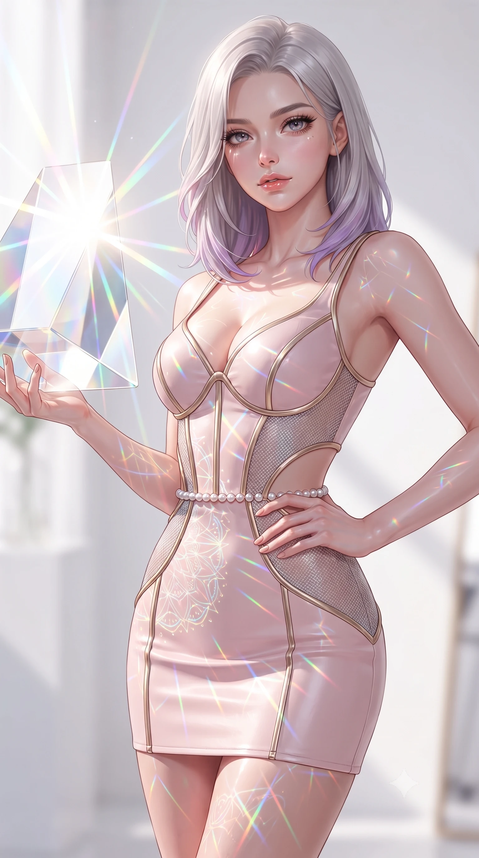 score_9, masterpiece, best quality, ultra-detailed, high-budget anime keyframe, editorial fashion photography, tasteful artistic composition, Caucasian woman. close-up cowboy shot from the waist and thighs up, the character dominates the composition, filling the frame with her large presence, background elements kept in soft focus. Holding a confident power pose with one hand on her hip, touching a giant glass prism that splits white sunlight into intense pastel rays, razor-sharp rainbow light lines forming geometric mandala patterns on her skin. She has an exceptionally elegant, slender, and willowy female figure with an ultra-slim waist, a gracefully sculpted slender torso, and a refined silhouette. sharp v-shaped jawline, high-bridge nose, intricate jewel-like eyes with depth, thick eyelashes, glossy lips with a natural sheen. wearing architectural cut-out pale pink leather mini dress with sculpted gold boning in pearl white, made of fine silver contouring mesh, adorned with minimalist pearl hardware framing the waistline, following her slender form with tailored precision. bathed in high-contrast specular reflections against bright white ambiance. highly saturated vibrant anime colors, detailed shading with soft gradients, rich glossy textures, high-contrast stereoscopic depth, volumetric dynamic lighting, master piece, 9:16 ratio
