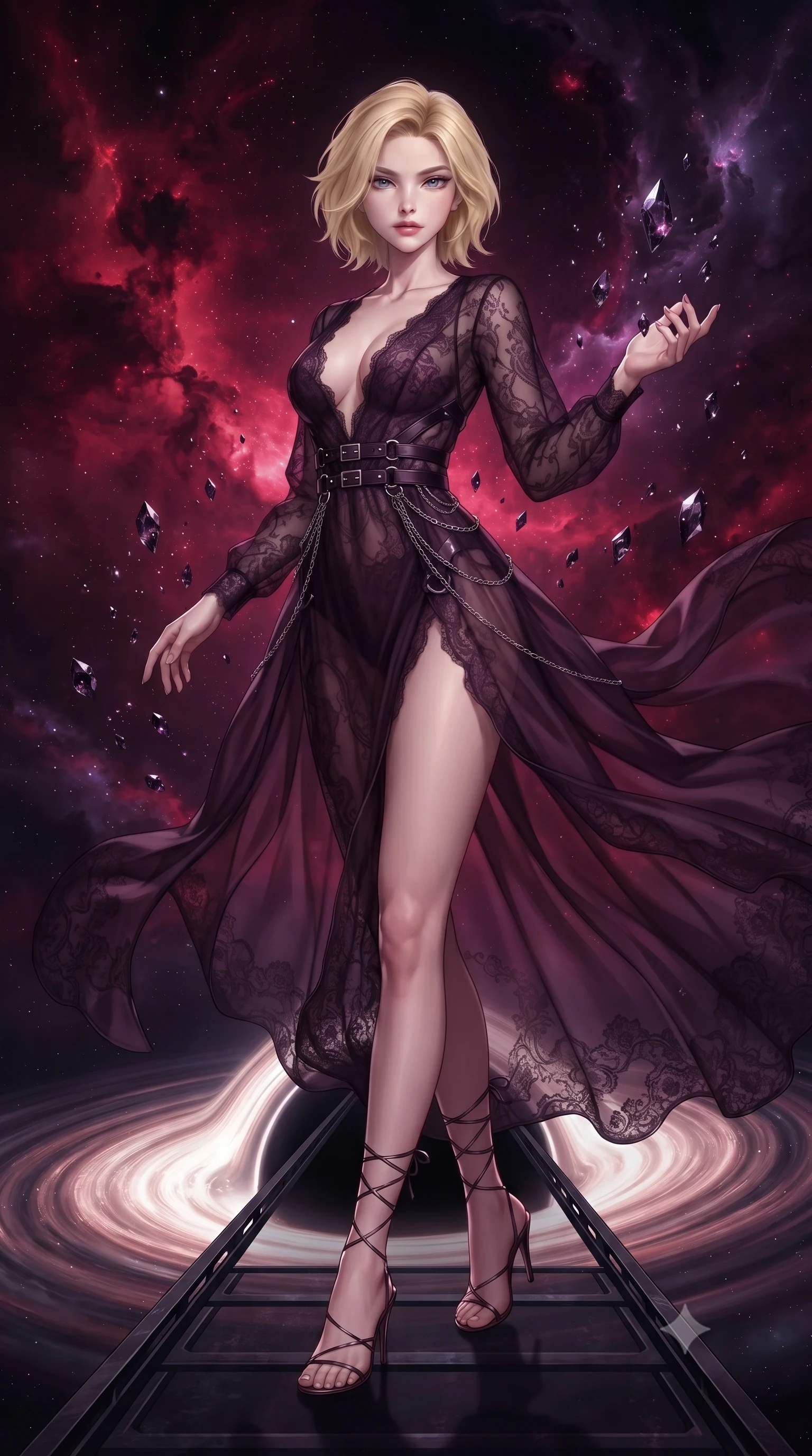 score_9, masterpiece, best quality, ultra-detailed, high-budget anime keyframe, editorial fashion photography, tasteful artistic composition, Caucasian woman. low angle full-body shot from head to toe showing her feet, filling the entire 9:16 vertical frame with her statuesque presence, stretching her vertical silhouette. interacting with floating dark crystal particles, her long slender legs poised in motion, poised on a dark alloy bridge stretching over a swirling black hole accretion disk, deep crimson and dark violet nebula gas clouds swirling in pitch-black space. She has an absolutely perfect, statuesque 8.5-heads proportion, an exceptionally tall and slender model-like female figure with impossibly long slender legs and an ultra-slim waist. sharp v-shaped jawline, high-bridge nose, intricate jewel-like eyes with depth, thick eyelashes, glossy lips with a natural sheen. wearing gothic nebula sheer dark lace gown with plunging neckline in dark plum violet, made of sheer dark organza overlay, framed by dark titanium buckles and silver chain details, contouring every curve with an exceptionally elegant silhouette. bathed in dramatic cosmic chiaroscuro with pitch-black ambient shadows. highly saturated vibrant anime colors, detailed shading with soft gradients, rich glossy textures, high-contrast stereoscopic depth, volumetric dynamic lighting, master piece, 9:16 ratio