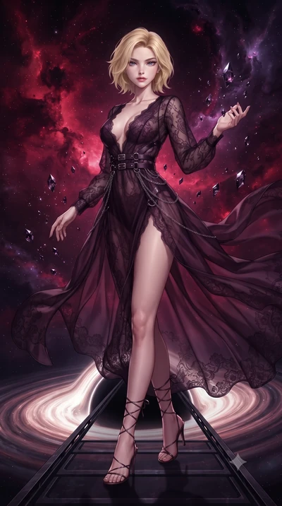 score_9, masterpiece, best quality, ultra-detailed, high-budget anime keyframe, editorial fashion photography, tasteful artistic composition, Caucasian woman. low angle full-body shot from head to toe showing her feet, filling the entire 9:16 vertica