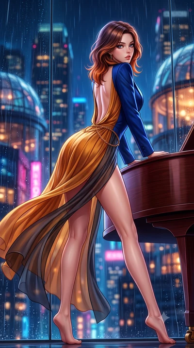 score_9, masterpiece, best quality, ultra-detailed, high-budget anime keyframe, semi-realistic 3D game render, editorial fashion photography, tasteful artistic composition, Korean woman. low angle full-body shot from head to toe showing her feet, fil