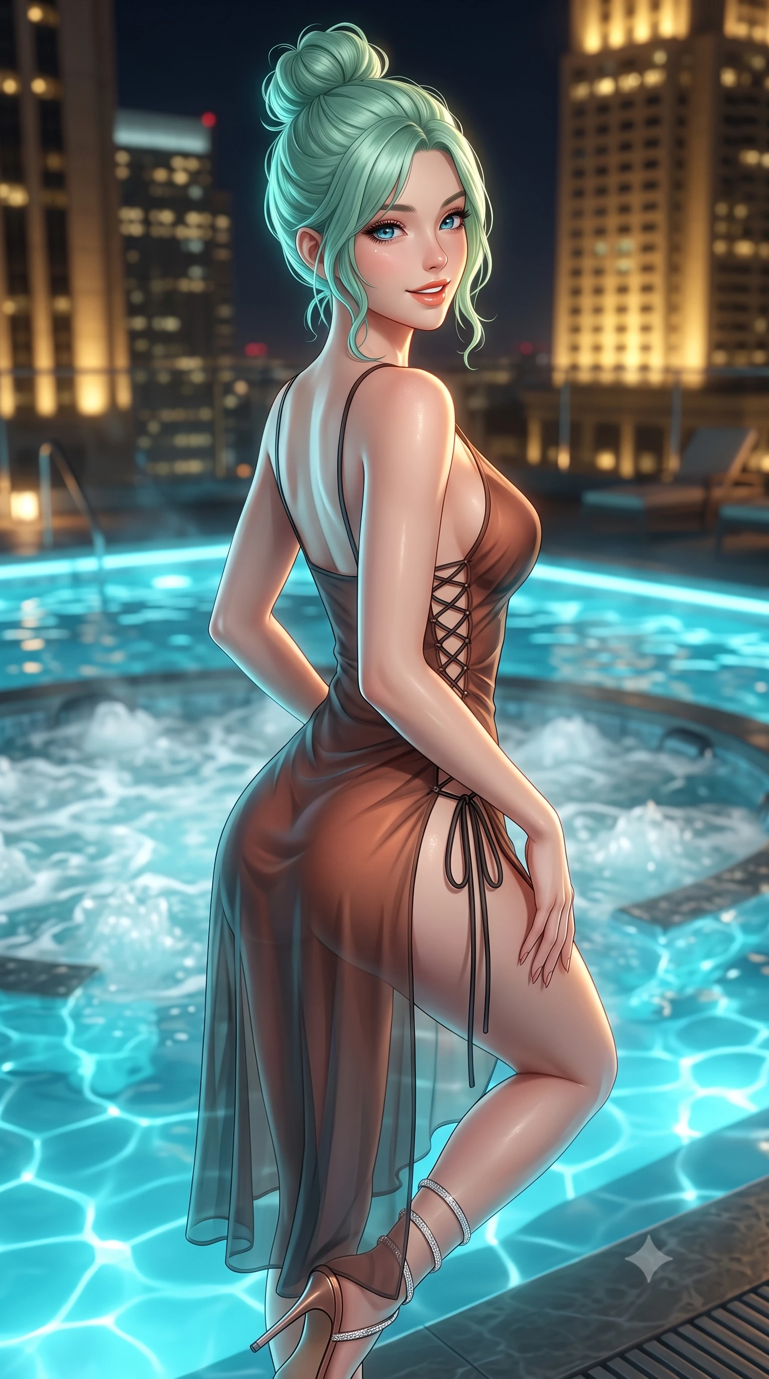 score_9, masterpiece, best quality, ultra-detailed, high-budget anime keyframe, semi-realistic 3D game render, editorial fashion photography, tasteful artistic composition, Japanese woman. close-up cowboy shot from the waist and thighs up, the character dominates the composition, filling the frame with her large presence. posing in an alluring rear three-quarter angle, looking over a bare shoulder with parted glossy lips, her hips cocked back to highlight her slim hourglass curve while twisting her slender torso in an alluring contrapposto stance beside the thermal hydro-pool, glowing cyan water caustics wrapping around her curves. The background shows a soft-focus bubbling hydrotherapy jets softened in high-tech urban spa shallow focus. She has an exceptionally elegant, slender, and willowy female figure with an ultra-slim waist, flat toned midriff, narrow ribcage, and sculpted feminine hips creating an alluring, slim hourglass silhouette without bulk. sharp v-shaped jawline, high-bridge nose, intricate jewel-like sparkling eyes with depth, thick eyelashes, glossy parted lips with a natural peach sheen, bright cheerful beaming smile with an enchanting and coquettish sensual glint, exuding both youthful cute charm and seductive allure, flawlessly proportioned anatomical accuracy, strict slender model proportions, natural body alignment, perfectly sculpted long slender limbs, ultra-slim waistline, clean dynamic posture without body distortion. wearing an alluring sheer gossamer slip dress with side lace-up corset ties revealing glimpses of her hip curve in sultry copper rose and deep shadow charcoal, made of sheer gossamer chiffon that drapes softly against skin with airy translucence, complemented by strappy stiletto sandals with crystal ankle wraps accentuating her slender calves, the high-slit wrap tailoring accentuating her ultra-slim waistline and the enchanting curve of her feminine hips with alluring seductive charm. bathed in electric underwater pool LEDs contrasted with warm golden skyscraper architectural floodlights. highly saturated vibrant anime colors, detailed shading with soft gradients, rich glossy textures, high-contrast stereoscopic depth, volumetric dynamic lighting, master piece, 9:16 ratio