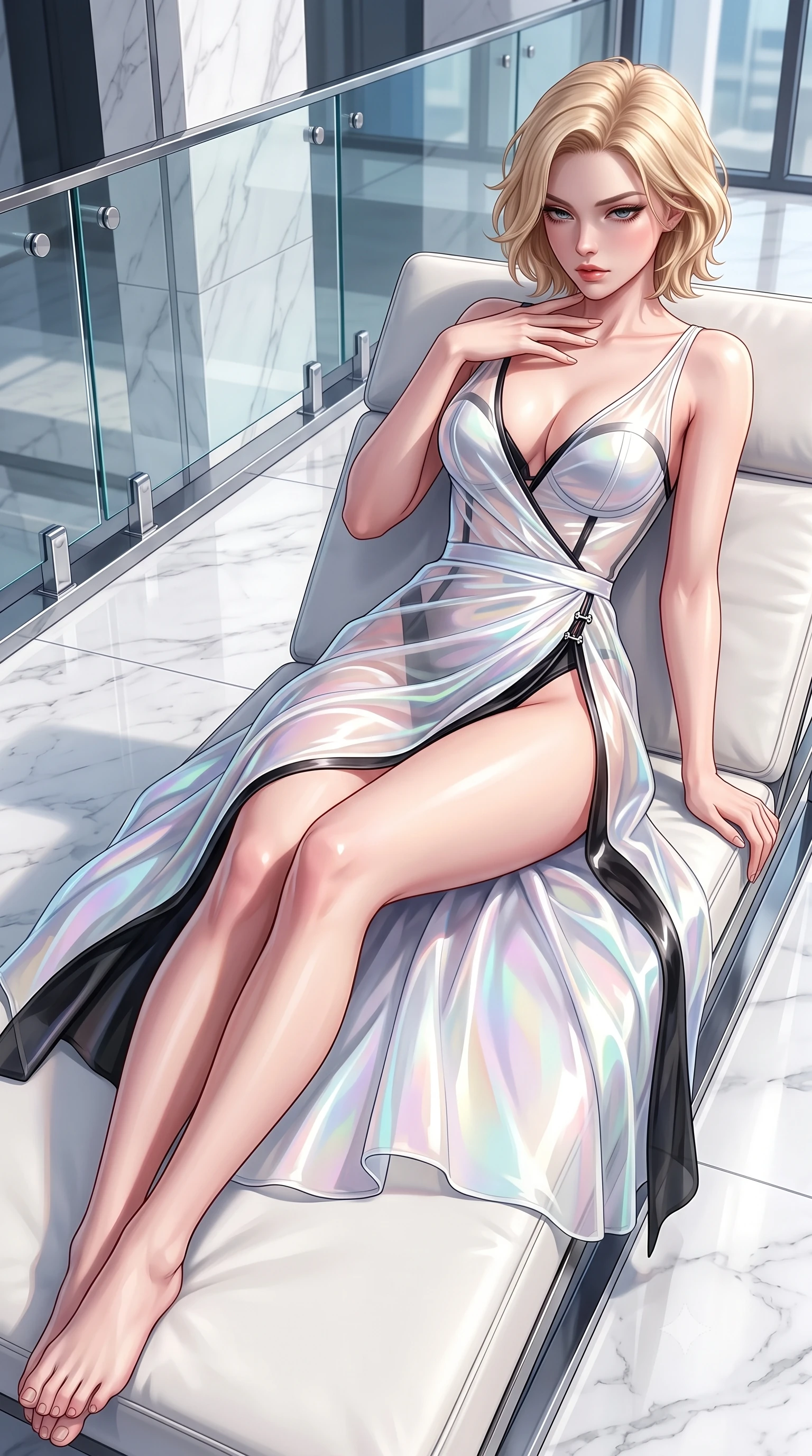 score_9, masterpiece, best quality, ultra-detailed, high-budget anime keyframe, semi-realistic 3D game render, editorial fashion photography, tasteful artistic composition, Caucasian woman. close-up cowboy shot from the waist and thighs up, the character dominates the composition, filling the frame with her large presence. resting her fingers lightly against her throat while looking down with a smoldering, haughty yet intensely captivating glance while stretching her long slender legs along a low white leather lounger as natural daylight floods the interior. The surrounding environment is rendered in vivid detail and crisp panoramic clarity. crisp architectural white marble seams, polished chrome fixtures, and crystal glass railings in deep focus. She has an exceptionally elegant, slender, and willowy female figure with an ultra-slim waist, a gracefully sculpted slender torso, toned flat midriff, and a refined slim silhouette. sharp v-shaped jawline, high-bridge nose, intricate jewel-like eyes with depth, thick eyelashes, glossy lips with a natural sheen, flawlessly proportioned anatomical accuracy, strict slender model proportions, natural body alignment, perfectly sculpted long slender limbs, ultra-slim waistline, clean dynamic posture without body distortion. wearing a translucent iridescent organza wrap dress with structured bustier boning, plunging neckline, and high-cut dual leg slits in high-gloss monochrome white and sharp black contrast, made of smooth iridescent silk chiffon that shifts colors with movement, finished with an ultra-high side slit secured by miniature magnetic clasps, the sleek second-skin cut tightly hugging her graceful clavicle, narrow waist, and feminine curves with athletic precision. illuminated by crisp white studio key light with specular chrome and marble reflections. highly saturated vibrant anime colors, detailed shading with soft gradients, rich glossy textures, high-contrast stereoscopic depth, volumetric dynamic lighting, master piece, 9:16 ratio