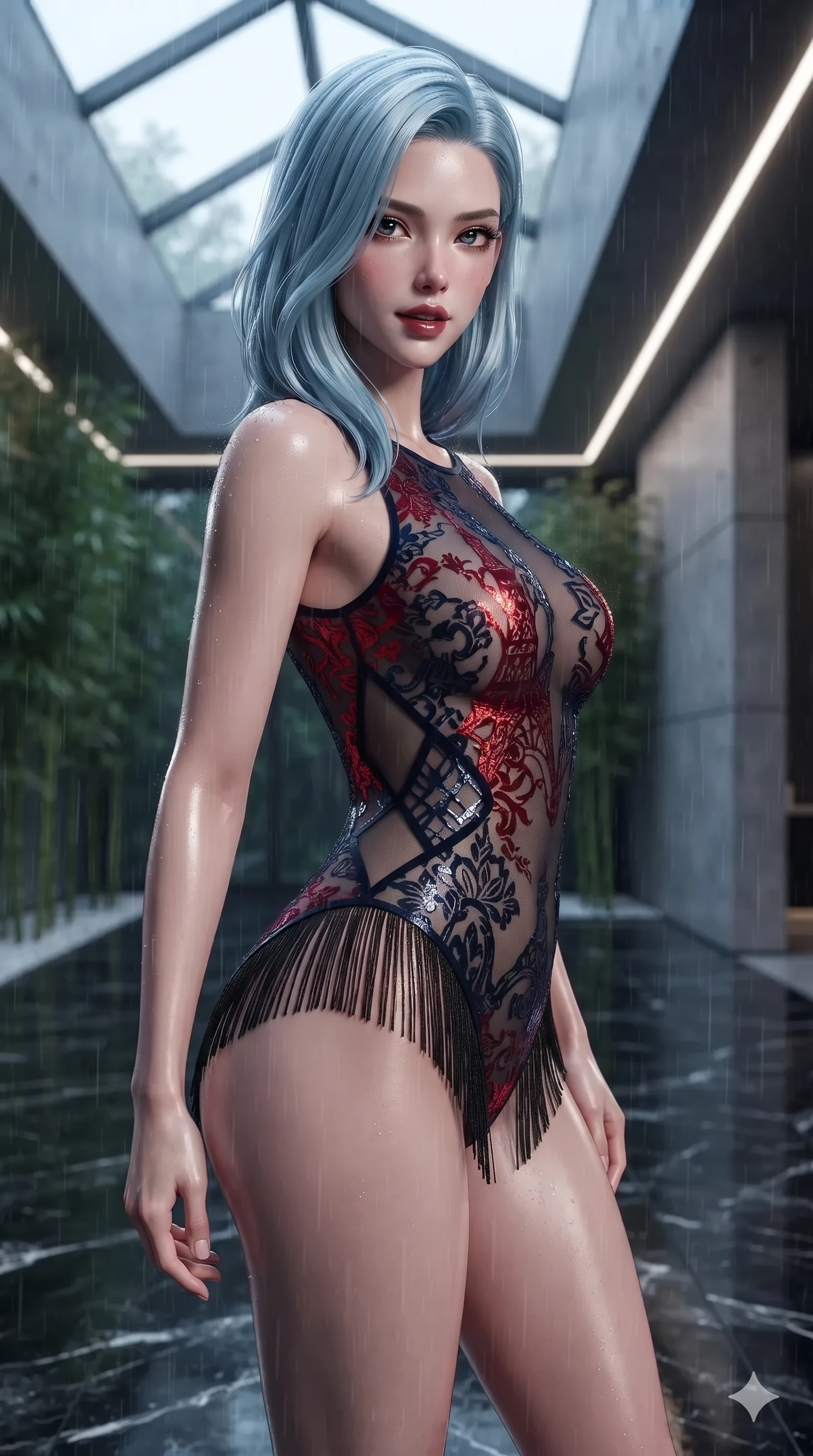 score_9, masterpiece, best quality, ultra-detailed, high-budget anime keyframe, editorial fashion photography, tasteful artistic composition, Korean woman. close-up cowboy shot from the waist and thighs up, the character dominates the composition, filling the frame with her large presence. pausing beside an illuminated luxury boutique window with hips cocked back, glancing back with an enchanting, dangerous smile through falling rain while standing in a tall, confident posture on the mirror-polished black marble floor, stretching her statuesque body with supermodel poise. The background shows a soft-focus soaring geometric glass skylights, vertical bamboo rain gardens, and minimalist architectural concrete walls blurred into slate, jade, and charcoal bokeh. She has an exceptionally elegant, slender, and willowy female figure with an ultra-slim waist, flat toned midriff, narrow ribcage, and sculpted feminine hips creating an alluring, slim hourglass silhouette without bulk. sharp v-shaped jawline, high-bridge nose, intricate jewel-like dark sparkling eyes with dangerous depth, thick curled eyelashes, glossy parted lips with a rich wine sheen, smoldering seductive half-smile with bedroom-eyes, exuding effortless superiority and intoxicating dark allure, flawlessly proportioned anatomical accuracy, strict slender model proportions, natural body alignment, perfectly sculpted long slender limbs, ultra-slim waistline, clean dynamic posture without body distortion. wearing a provocative sheer-illusion nanotech lace bodysuit with strategic metallic foil flocking and high-cut leg openings in Tokyo Tower scarlet crimson and midnight indigo, adorned with laser-cut diamond side panels revealing teasing glimpses of bare skin, finished with delicate jet-black micro-fringe fluttering softly along her hips with each step, the glove-like silhouette tightly following the natural contour of her hips and long slender legs with youthful 8.5-heads elegance. bathed in subtle, high-contrast recessed linear LED lighting and skylight nocturnal glow. ultra-reflective glossy finish, specular highlights, rich textural contrasts, high-contrast stereoscopic depth, volumetric dynamic lighting, 2k, ultra detail, master piece, 9:16 ratio