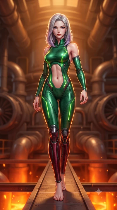 score_9, masterpiece, best quality, ultra-detailed, high-budget anime keyframe, semi-realistic 3D game render, editorial fashion photography, tasteful artistic composition, Caucasian woman. low angle full-body shot from head to toe showing her feet, 