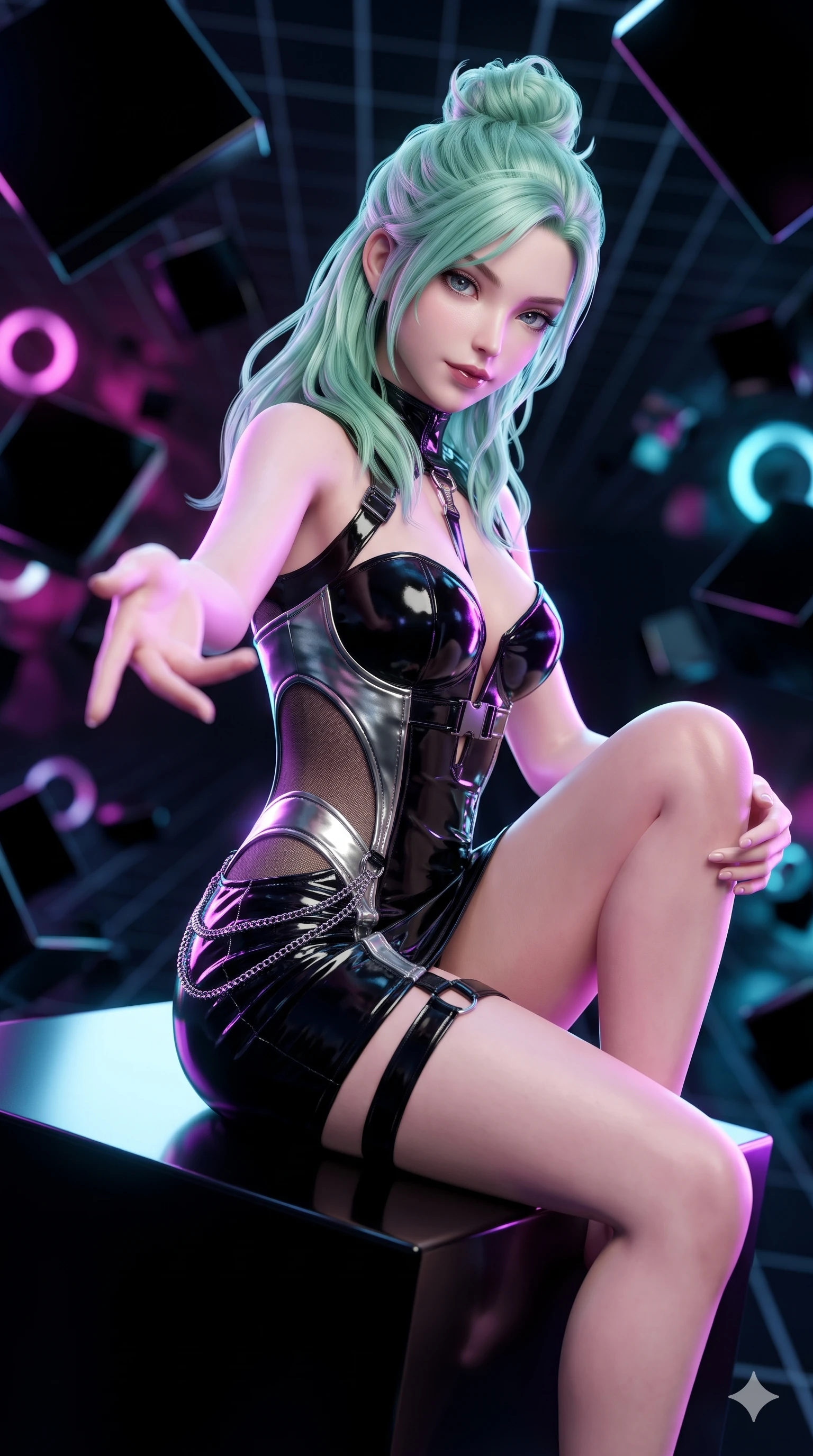 score_9, masterpiece, best quality, ultra-detailed, high-budget anime keyframe, semi-realistic 3D game render, editorial fashion photography, tasteful artistic composition, Japanese woman. close-up cowboy shot from the waist and thighs up, the character dominates the composition, filling the frame with her large presence. reaching one hand toward the viewer with relaxed dark elegance, her sculpted waistline catching specular highlights while perched on the corner of the polished black slab with one knee drawn up, looking down into the digital abyss with fearless bedroom-eyes. The background shows a soft-focus tumbling obsidian geometric slabs, endless deep-space perspective grid lines, and glowing neon ring nodes blurred into magenta, cyan, and pitch-black bokeh. She has an exceptionally elegant, slender, and willowy female figure with an ultra-slim waist, flat toned midriff, narrow ribcage, and sculpted feminine hips creating an alluring, slim hourglass silhouette without bulk. sharp v-shaped jawline, high-bridge nose, intricate jewel-like dark sparkling eyes with hypnotic seductive depth, thick curled eyelashes, glossy parted lips with a natural wine sheen, alluring bedroom-eyes with an enigmatic smoldering smile, exuding magnetic sovereign charisma and dark avant-garde glamour, flawlessly proportioned anatomical accuracy, strict slender model proportions, natural body alignment, perfectly sculpted long slender limbs, ultra-slim waistline, clean dynamic posture without body distortion. wearing an alluring plunging sweetheart bodice dress with sheer mesh side-waist cutouts contouring her ribs in metallic liquid silver and pitch black, crafted from wet-look high-gloss vinyl fabric with dazzling specular surface reflections, framed by dark titanium buckles and silver chain details, the form-fitting cut adhering flawlessly to her sculpted flat midriff and slender torso, emphasizing her long leg lines and perfectly proportioned willowy build. illuminated by floating neon grid upward bounce and sharp ultraviolet rim lights defining her razor-sharp jawline, narrow waist, and curvy hips. highly saturated vibrant anime colors, detailed shading with soft gradients, rich glossy textures, high-contrast stereoscopic depth, volumetric dynamic lighting, master piece, 9:16 ratio