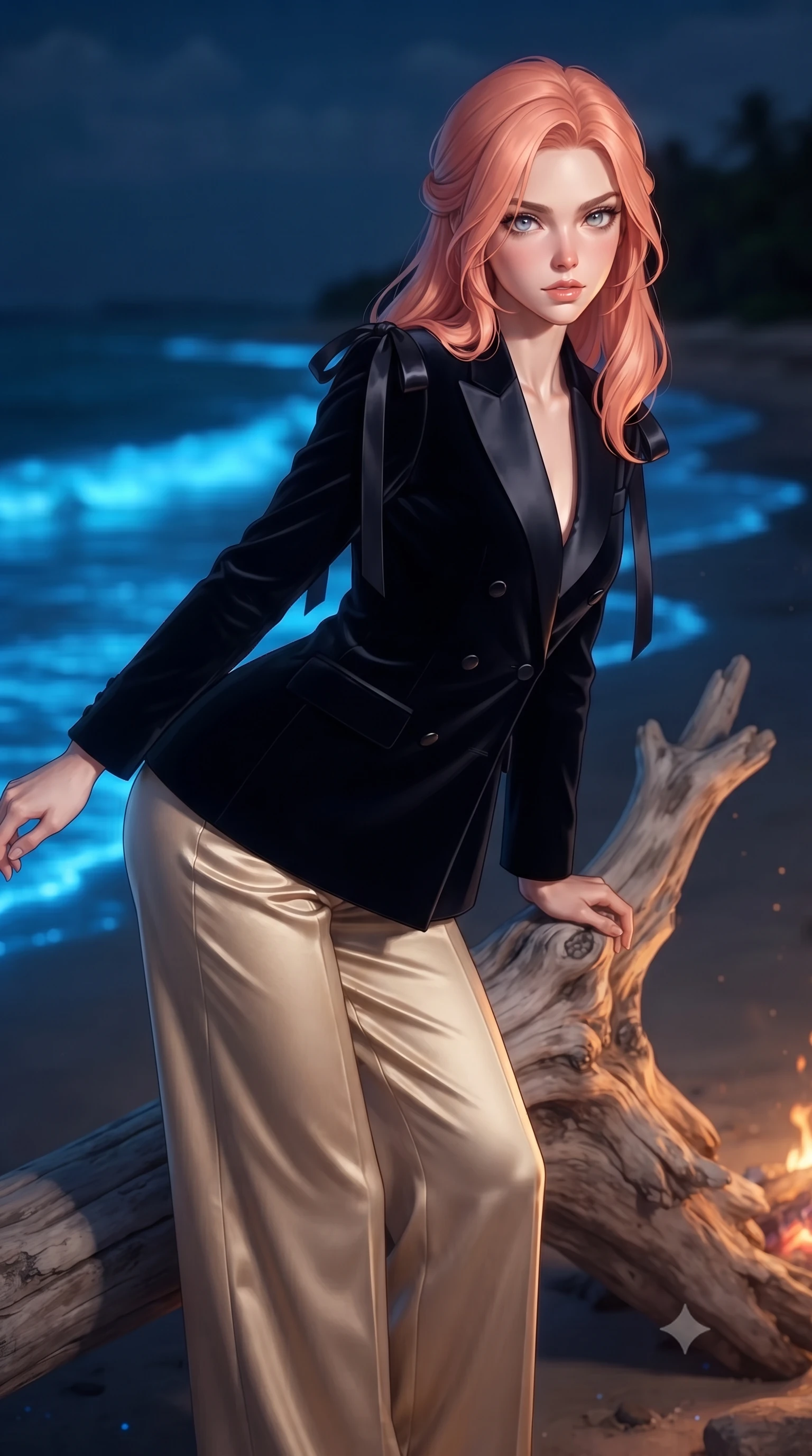 score_9, masterpiece, best quality, ultra-detailed, high-budget anime keyframe, editorial fashion photography, tasteful artistic composition, Japanese woman. close-up cowboy shot from the waist and thighs up, the character dominates the composition, filling the frame with her large presence. leaning forward while arching her lower back to accentuate her curvy hips, looking into the camera with an intoxicating smoldering gaze and bedroom-eyes while leaning against the sculptural weathered driftwood log with hips cocked back, looking along the glowing blue shoreline with smoldering bedroom-eyes. The background shows a soft-focus flickering beach campfire embers softened in magical Maldivian nocturnal beach shallow focus. She has an exceptionally elegant, slender, and willowy female figure with an ultra-slim waist, flat toned midriff, narrow ribcage, and sculpted feminine hips creating an alluring, slim hourglass silhouette without bulk. sharp v-shaped jawline, high-bridge nose, intricate jewel-like sparkling eyes with depth, thick eyelashes, glossy parted lips with a natural peach sheen, bright cheerful beaming smile with an enchanting and coquettish sensual glint, exuding both youthful cute charm and seductive allure, flawlessly proportioned anatomical accuracy, strict slender model proportions, natural body alignment, perfectly sculpted long slender limbs, ultra-slim waistline, clean dynamic posture without body distortion. wearing a tailored Bohemian double-breasted velvet smoking jacket paired with wide-leg satin-stripe trousers in deep midnight obsidian black and champagne gold, crafted from bespoke double-faced cashmere with an exceptionally soft tactile finish, finished with satin ribbon ties at the shoulders fluttering in the gentle breeze, the impeccably tailored cut draping gracefully along her slender figure with aristocratic poise. bathed in the magical 4800K neon electric-blue glow of active bioluminescent surf mixed with warm 2100K beach campfire embers. ultra-reflective glossy finish, specular highlights, rich textural contrasts, high-contrast stereoscopic depth, volumetric dynamic lighting, 2k, ultra detail, master piece, 9:16 ratio