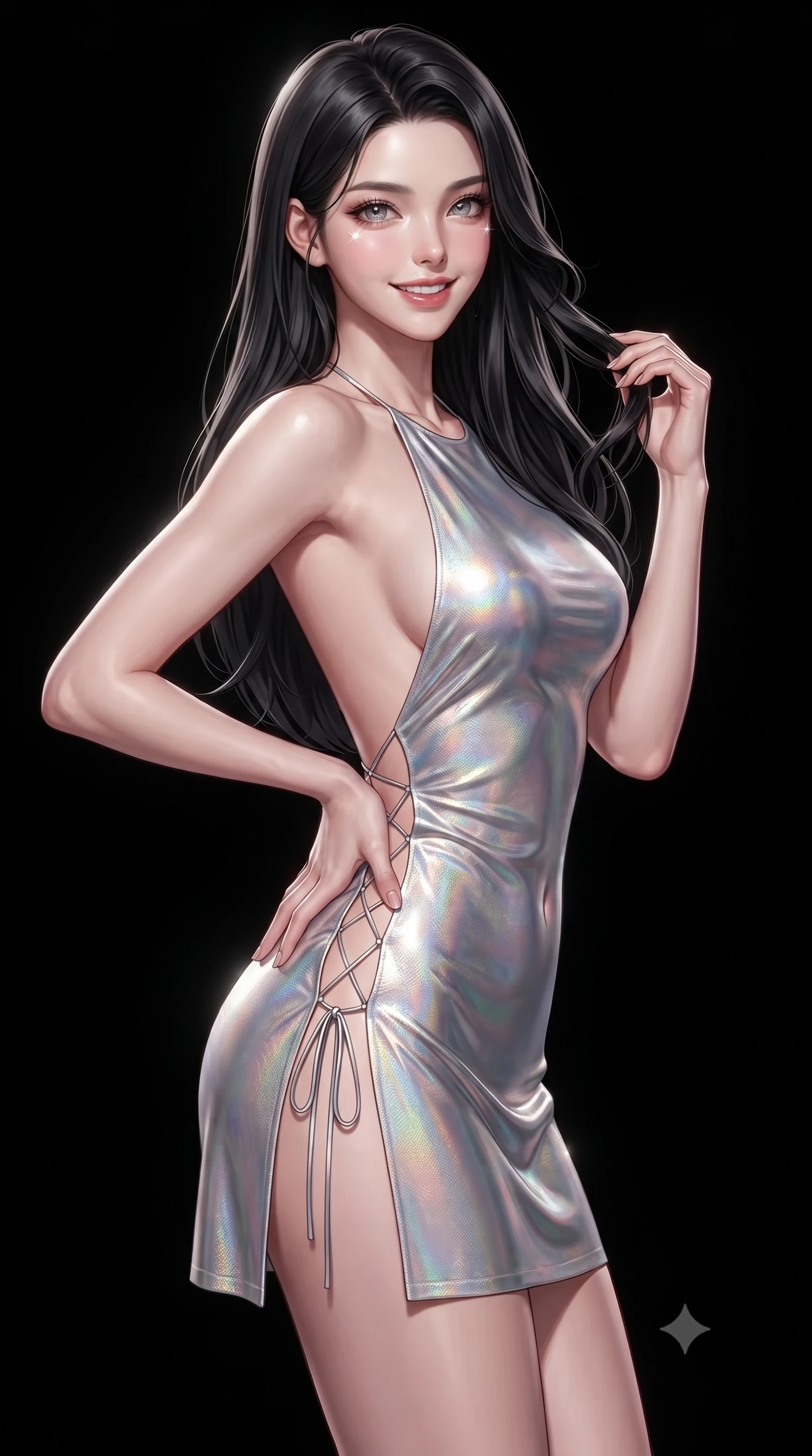 score_9, masterpiece, best quality, ultra-detailed, high-budget anime keyframe, editorial fashion photography, tasteful artistic composition, Korean woman. close-up cowboy shot from the waist and thighs up, the character dominates the composition, filling the frame with her large presence. twisting her slender torso in an alluring contrapposto stance, one hand resting on her sculpted hip while her fingers toy with her hair with effortless poise while twisting her slender torso in an alluring contrapposto stance, ultra-bright specular highlights sculpting the line of her narrow waist and curvy hips against the black void. The surrounding environment is rendered in vivid detail and crisp panoramic clarity: sharp mirror-polished black obsidian floor reflections, crisp spotlight edge falloff, and microscopic crystal facet textures in deep focus. She has an exceptionally elegant, slender, and willowy female figure with an ultra-slim waist, flat toned midriff, narrow ribcage, and sculpted feminine hips creating an alluring, slim hourglass silhouette without bulk. sharp v-shaped jawline, high-bridge nose, intricate jewel-like sparkling eyes with depth, thick eyelashes, glossy parted lips with a natural peach sheen, bright cheerful beaming smile with an enchanting and coquettish sensual glint, exuding both youthful cute charm and seductive allure, flawlessly proportioned anatomical accuracy, strict slender model proportions, natural body alignment, perfectly sculpted long slender limbs, ultra-slim waistline, clean dynamic posture without body distortion. wearing an alluring backless metallic lamé halterneck mini dress with deep scoop back down to her lower spine and thigh-high slit in iridescent mother-of-pearl and liquid molten silver, crafted from bespoke double-faced cashmere with an exceptionally soft tactile finish, featuring fine criss-cross lace-up side ties revealing tantalizing glimpses of her hip curve, the form-contouring silhouette accentuating her sculpted flat midriff, narrow delicate ribcage, and gracefully curvy hips with intoxicating allure. illuminated by black floor specular bounce and razor-sharp platinum rim lights defining her razor-sharp jawline, narrow waist, and curvy hips. ultra-reflective glossy finish, specular highlights, rich textural contrasts, high-contrast stereoscopic depth, volumetric dynamic lighting, 2k, ultra detail, master piece, 9:16 ratio