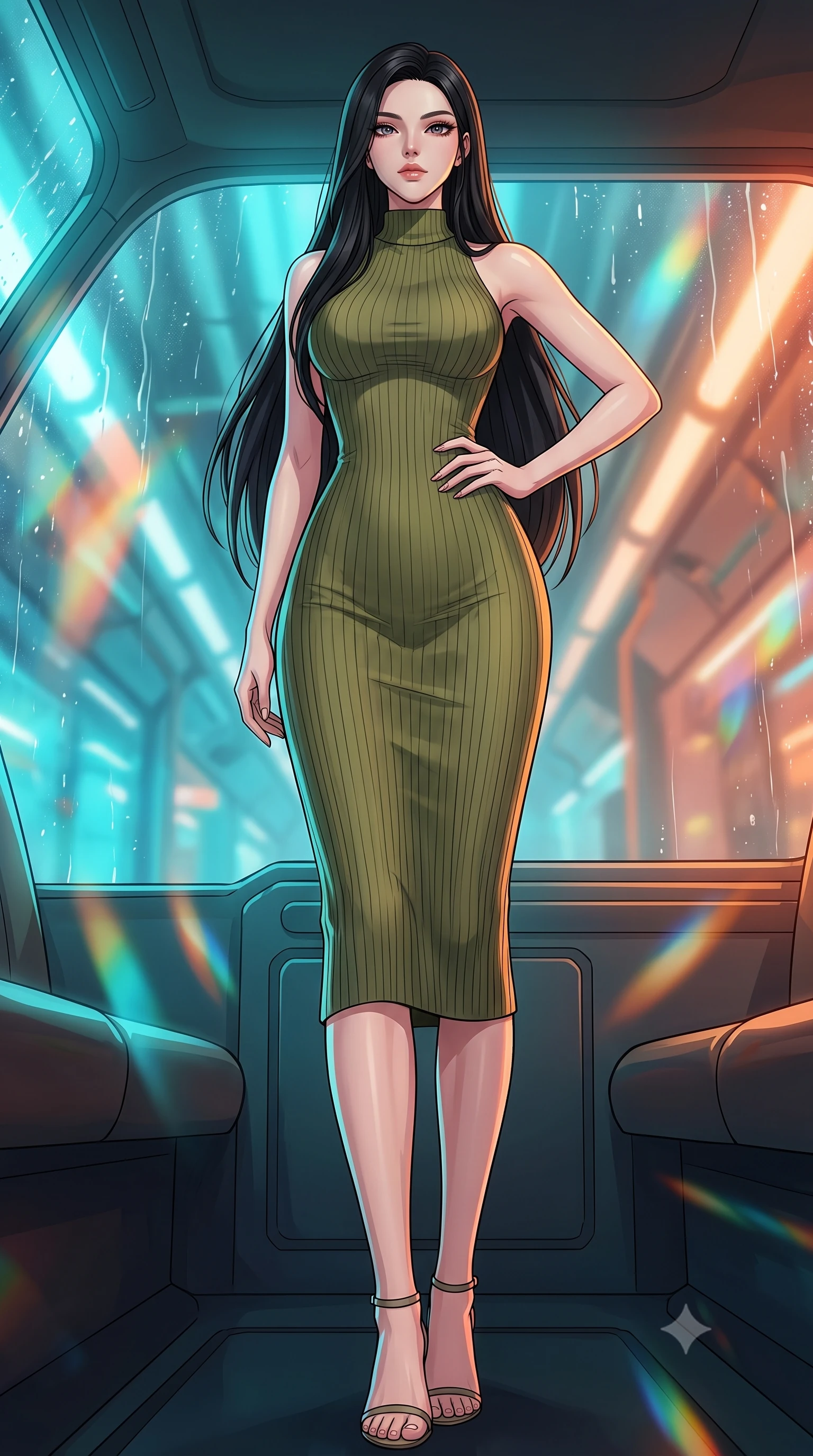 score_9, masterpiece, best quality, ultra-detailed, high-budget anime keyframe, tasteful artistic composition, Korean woman. low angle full-body shot from head to toe showing her feet, filling the entire 9:16 vertical frame with her statuesque presence, stretching her vertical silhouette. posing confidently with one hand on her hip, stretching her statuesque body to emphasize her curves the background shows a soft-focus the interior of an automated cyber-cab speeding through a neon-lit tunnel. She has an absolutely perfect, statuesque 8.5-heads proportion, an exceptionally tall and slender model-like female figure with impossibly long slender legs and an ultra-slim waist. sharp v-shaped jawline, high-bridge nose, intricate jewel-like eyes with depth, thick eyelashes, glossy lips with a natural sheen. wearing a body-hugging form-contouring ribbed knit bodycon midi dress in olive green, tracing her slender silhouette with a high neck. shifting cyan and orange lights refracting through the rain-streaked window glass. highly saturated vibrant anime colors, cel-shading, 2d style, master piece, 9:16 ratio