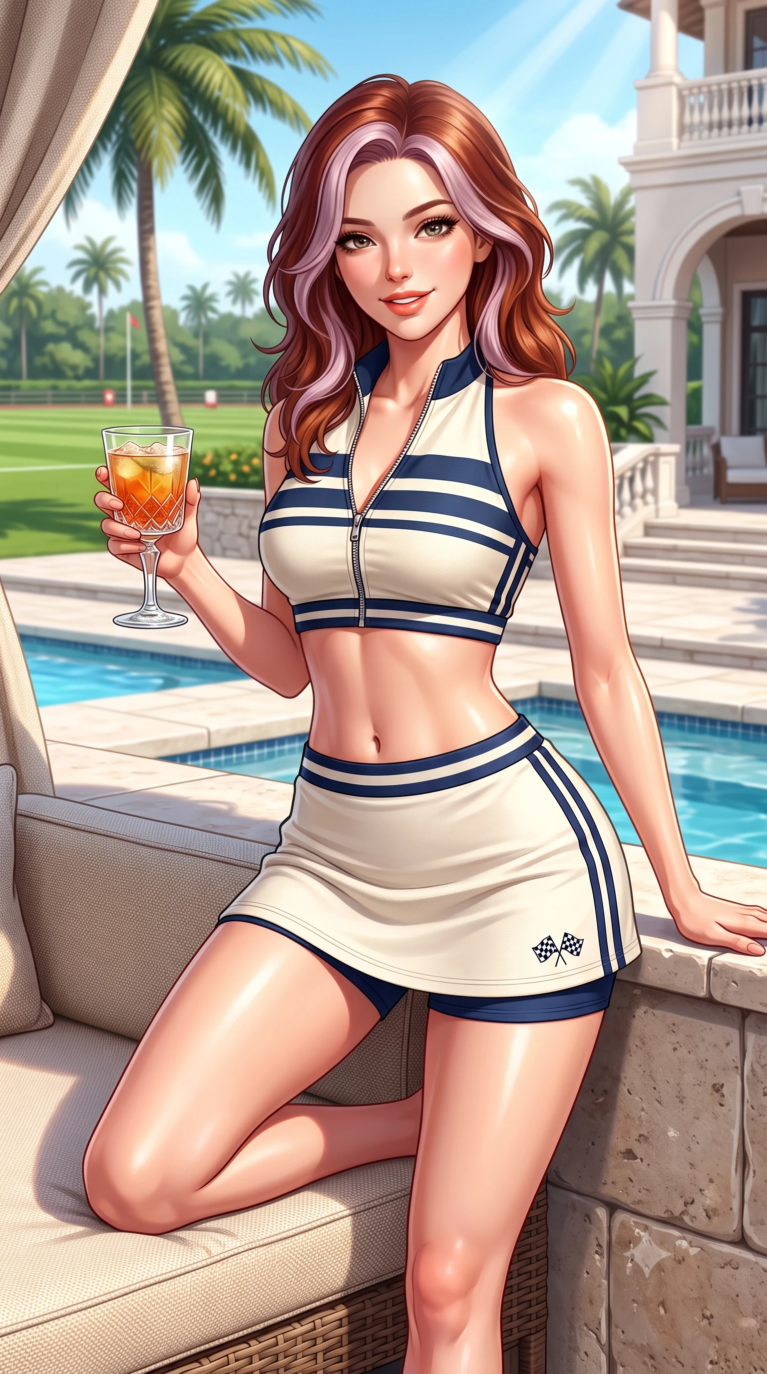 score_9, masterpiece, best quality, ultra-detailed, high-budget anime keyframe, semi-realistic 3D game render, editorial fashion photography, tasteful artistic composition, Caucasian woman. close-up cowboy shot from the waist and thighs up, the character dominates the composition, filling the frame with her large presence. leaning back against the pit wall with relaxed seductive grace, her flat midriff and narrow waist highlighted as sunlight traces her curves while lounging in a poolside striped cabana daybed with one knee bent, holding an iced cocktail with effortless Palm Beach old-money coolness. The surrounding environment is rendered in vivid detail and crisp panoramic clarity: detailed resort polo knit texture, glowing sun-tanned skin highlights, and Palm Beach estate architecture in high resolution. She has an exceptionally elegant, slender, and willowy female figure with an ultra-slim waist, flat toned midriff, narrow ribcage, and sculpted feminine hips creating an alluring, slim hourglass silhouette without bulk. sharp v-shaped jawline, high-bridge nose, sparkling eyes with athletic focus and depth, thick curled eyelashes, glossy parted lips with a natural coral-peach sheen, bright confident and coquettish smile with alluring bedroom-eyes, exuding both youthful sporty vigor and sovereign high-society glamour, flawlessly proportioned anatomical accuracy, strict slender model proportions, natural body alignment, perfectly sculpted long slender limbs, ultra-slim waistline, clean dynamic posture without body distortion. wearing a modern two-piece athletic set featuring a zip-front halter sports crop top and curve-hugging tennis skirt with built-in compression shorts in retro tennis cream and navy blue stripes, tailored from crisp cotton poplin with clean aerodynamic structural lines, finished with contrasting racing stripe tape and subtle checkered flag embroidery, the form-contouring athletic cut accentuating her sculpted flat midriff, narrow delicate ribcage, and gracefully curvy hips with supermodel precision. bathed in luminous Florida sunshine reflecting off white coral stone terraces. highly saturated vibrant anime colors, detailed shading with soft gradients, rich glossy textures, high-contrast stereoscopic depth, volumetric dynamic lighting, master piece, 9:16 ratio
