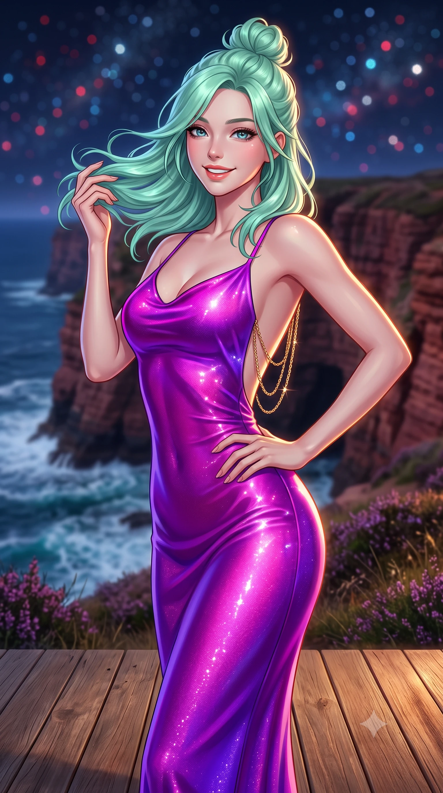 score_9, masterpiece, best quality, ultra-detailed, high-budget anime keyframe, semi-realistic 3D game render, editorial fashion photography, tasteful artistic composition, Japanese woman. close-up cowboy shot from the waist and thighs up, the character dominates the composition, filling the frame with her large presence. twisting her slender torso in an alluring contrapposto stance, one hand resting on her sculpted hip while her fingers toy with her hair with effortless poise while standing poised on the weathered teak deck at the edge of the wild red sandstone cliff, arching her spine with high-fashion ease as nocturnal ocean winds whip her gown. The background shows a soft-focus towering sea cliffs of red sandstone plunging into foaming Atlantic waters, wild coastal heather moorland, and starry sky blurred into crimson, sapphire, and diamond bokeh. She has an exceptionally elegant, slender, and willowy female figure with an ultra-slim waist, flat toned midriff, narrow ribcage, and sculpted feminine hips creating an alluring, slim hourglass silhouette without bulk. sharp v-shaped jawline, high-bridge nose, intricate jewel-like sparkling eyes with depth, thick eyelashes, glossy parted lips with a natural peach sheen, bright cheerful beaming smile with an enchanting and coquettish sensual glint, exuding both youthful cute charm and seductive allure, flawlessly proportioned anatomical accuracy, strict slender model proportions, natural body alignment, perfectly sculpted long slender limbs, ultra-slim waistline, clean dynamic posture without body distortion. wearing a liquid satin slip dress tailored with bias-cut curves clinging smoothly over her hips in Supertree bioluminescent magenta and electric violet, woven from stretch metallic lurex jersey casting radiant starlight glints across her curves, accented with an open-back drape framed by falling strands of delicate gold chains, the liquid-tight tailored fabric clinging flawlessly to her narrow waist and rounded feminine hips, emphasizing every millimeter of her sculpted slim hourglass curves without any bulky heaviness. illuminated by deck wood reflection bounce and sharp copper-gold rim lights sculpting her jawline, narrow waist, and curvy hips. highly saturated vibrant anime colors, detailed shading with soft gradients, rich glossy textures, high-contrast stereoscopic depth, volumetric dynamic lighting, master piece, 9:16 ratio