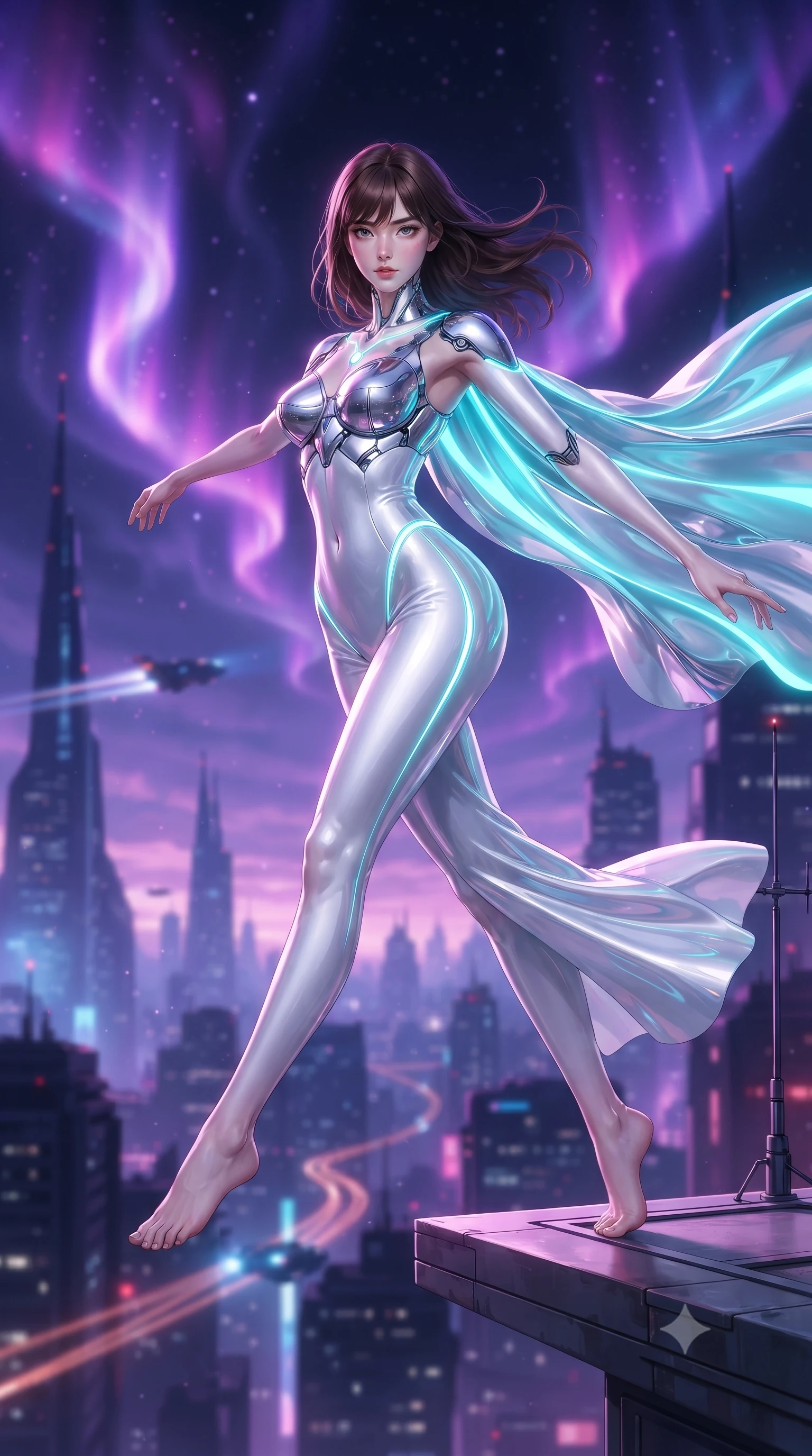 score_9, masterpiece, best quality, ultra-detailed, high-budget anime keyframe, editorial fashion photography, tasteful artistic composition, Korean woman. low angle full-body shot from head to toe showing her feet, filling the entire 9:16 vertical frame with her statuesque presence, stretching her vertical silhouette. performing an alluring mid-air vault with flawless poise, looking directly into the camera with regal, divine intensity while pivoting dynamically on a cantilevered antenna platform as swirling violet and magenta plasma auroras electrify the night sky. The composition keeps background elements in soft focus with creamy bokeh. futuristic skyscraper spires and flying vehicle light trails softened in atmospheric shallow focus. She has an absolutely perfect, statuesque 8.5-heads proportion, an exceptionally tall and slender model-like female figure with impossibly long slender legs, a toned flat midriff, and an ultra-slim waist. sharp v-shaped jawline, high-bridge nose, intricate jewel-like eyes with depth, thick eyelashes, glossy lips with a natural sheen, flawlessly proportioned anatomical accuracy, strict slender model proportions, natural body alignment, perfectly sculpted long slender limbs, ultra-slim waistline, clean dynamic posture without body distortion. wearing a form-contouring white liquid-mercury gown with polished silver biomechanical breastplate and flowing luminescent chiffon cape in polished mirror chrome and glowing electric cyan neon, crafted from ultra-reflective second-skin liquid metal with a mirror-like polish, accented with glowing fiber-optic seams tracing her collarbones and hip curves, the sleek second-skin cut tightly hugging her graceful clavicle, narrow waist, and feminine curves with athletic precision. surrounded by an exhilarating, supreme, and fiercely alluring cyber-monarch aura. ultra-reflective glossy finish, specular highlights, dark metallic sheen, high-contrast stereoscopic depth, volumetric dynamic lighting, 2k, ultra detail, master piece, 9:16 ratio