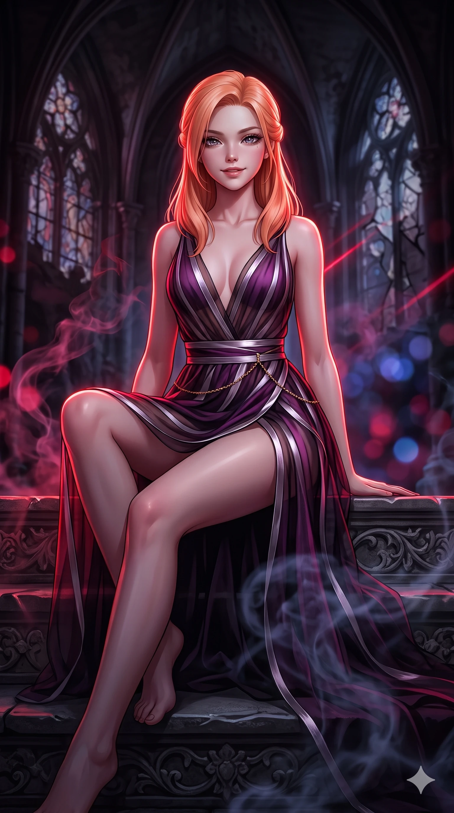 score_9, masterpiece, best quality, ultra-detailed, high-budget anime keyframe, semi-realistic 3D game render, editorial fashion photography, tasteful artistic composition, Japanese woman. close-up cowboy shot from the waist and thighs up, the character dominates the composition, filling the frame with her large presence. smiling with quiet, magnetic self-assurance directly into the camera with heavy-lidded sparkling eyes while perched on the carved altar steps with one knee drawn up, arching her spine with supermodel poise as dark incense swirls around her long legs. The background shows a soft-focus soaring gothic rib vaults, shattered stained-glass tracery, and drifting black incense smoke plumes blurred into crimson, cobalt, and slate bokeh. She has an exceptionally elegant, slender, and willowy female figure with an ultra-slim waist, flat toned midriff, narrow ribcage, and sculpted feminine hips creating an alluring, slim hourglass silhouette without bulk. sharp v-shaped jawline, high-bridge nose, intricate jewel-like dark sparkling eyes with hypnotic seductive depth, thick curled eyelashes, glossy parted lips with a natural wine sheen, alluring bedroom-eyes with an enigmatic smoldering smile, exuding magnetic sovereign charisma and dark avant-garde glamour, flawlessly proportioned anatomical accuracy, strict slender model proportions, natural body alignment, perfectly sculpted long slender limbs, ultra-slim waistline, clean dynamic posture without body distortion. wearing a plunge-front sheer illusion tulle slip dress with liquid platinum ribbon stripes hugging her curves in royal amaranth purple and liquid platinum, crafted from layered gossamer black organza with weightless, smoky flutter, accented with a dainty gold belly chain resting across her flat midriff and curving hips, the high-slit wrap tailoring accentuating her ultra-slim waistline and the enchanting curve of her feminine hips with alluring seductive charm. bathed in sharp crimson laser rim light piercing cold midnight shadows and incense smoke. highly saturated vibrant anime colors, detailed shading with soft gradients, rich glossy textures, high-contrast stereoscopic depth, volumetric dynamic lighting, master piece, 9:16 ratio