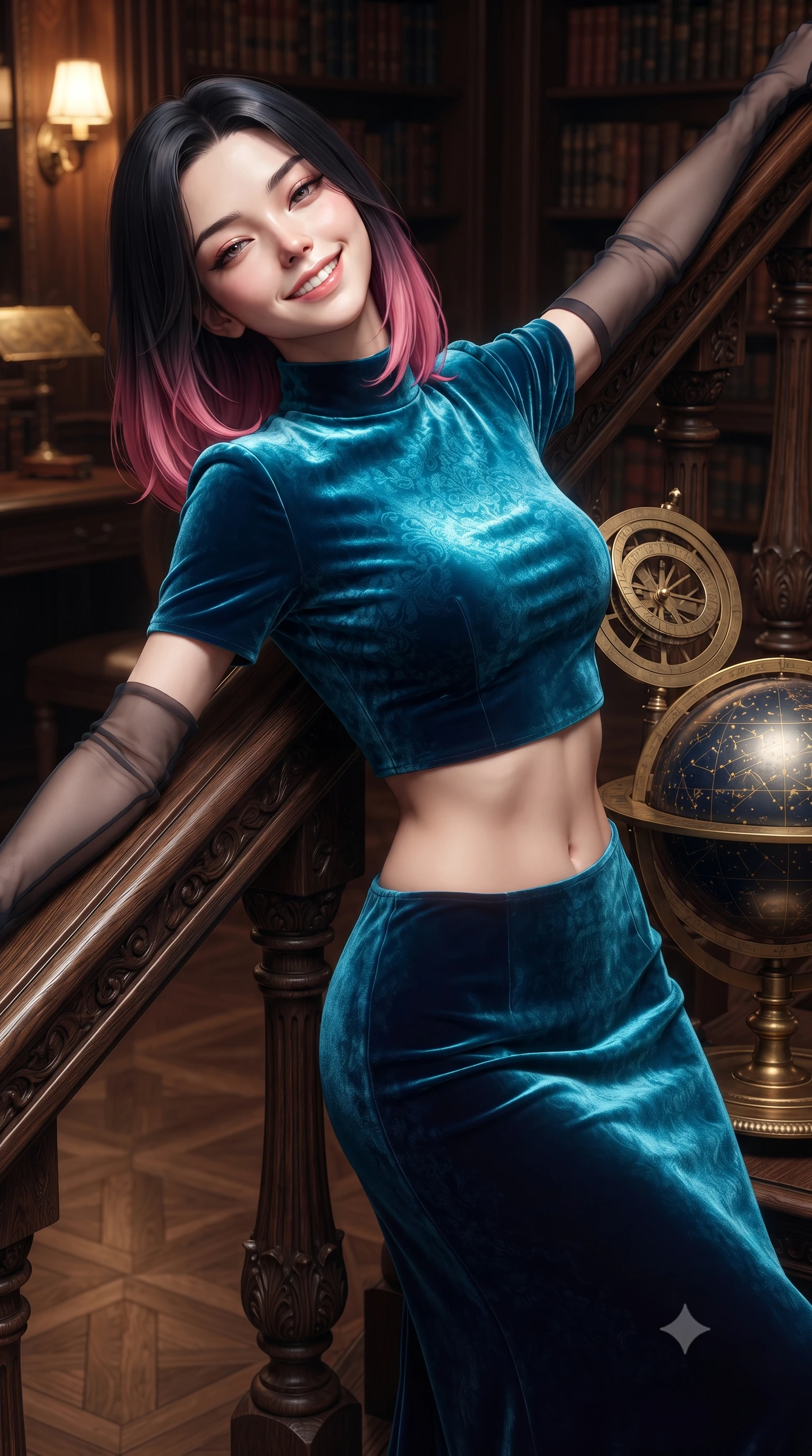 score_9, masterpiece, best quality, ultra-detailed, high-budget anime keyframe, editorial fashion photography, tasteful artistic composition, Korean woman. close-up cowboy shot from the waist and thighs up, the character dominates the composition, filling the frame with her large presence. leaning back against the balustrade with relaxed seductive grace, head tilted back slightly while casting a hypnotic, heavy-lidded gaze while twisting her slender torso in an alluring S-curve beside the brass astrolabe, warm library desk sconce light tracing her curves and flat midriff. The surrounding environment is rendered in vivid detail and crisp panoramic clarity: sharp hand-carved dark oak column spirals, gilded celestial globe constellation etchings, and antique parquet flooring in deep focus. She has an exceptionally elegant, slender, and willowy female figure with an ultra-slim waist, flat toned midriff, narrow ribcage, and sculpted feminine hips creating an alluring, slim hourglass silhouette without bulk. sharp v-shaped jawline, high-bridge nose, intricate jewel-like sparkling eyes with depth, thick eyelashes, glossy parted lips with a natural peach sheen, bright cheerful beaming smile with an enchanting and coquettish sensual glint, exuding both youthful cute charm and seductive allure, flawlessly proportioned anatomical accuracy, strict slender model proportions, natural body alignment, perfectly sculpted long slender limbs, ultra-slim waistline, clean dynamic posture without body distortion. wearing an aristocratic Florentine Renaissance high-neck jacquard shift dress with bracelet sleeves in Maldivian bioluminescent electric cyan and midnight indigo, tailored from ultra-plush silk velvet with rich tactile depth and deep shadow gradients, complemented by sheer opera-length evening gloves tracing her slender arms, the bespoke structured tailoring following the natural line of her 8.5-heads silhouette with refined elegance. illuminated by polished wood reflection fill and sharp honey-gold rim lights defining her razor-sharp jawline, narrow waist, and curvy hips. ultra-reflective glossy finish, specular highlights, rich textural contrasts, high-contrast stereoscopic depth, volumetric dynamic lighting, 2k, ultra detail, master piece, 9:16 ratio