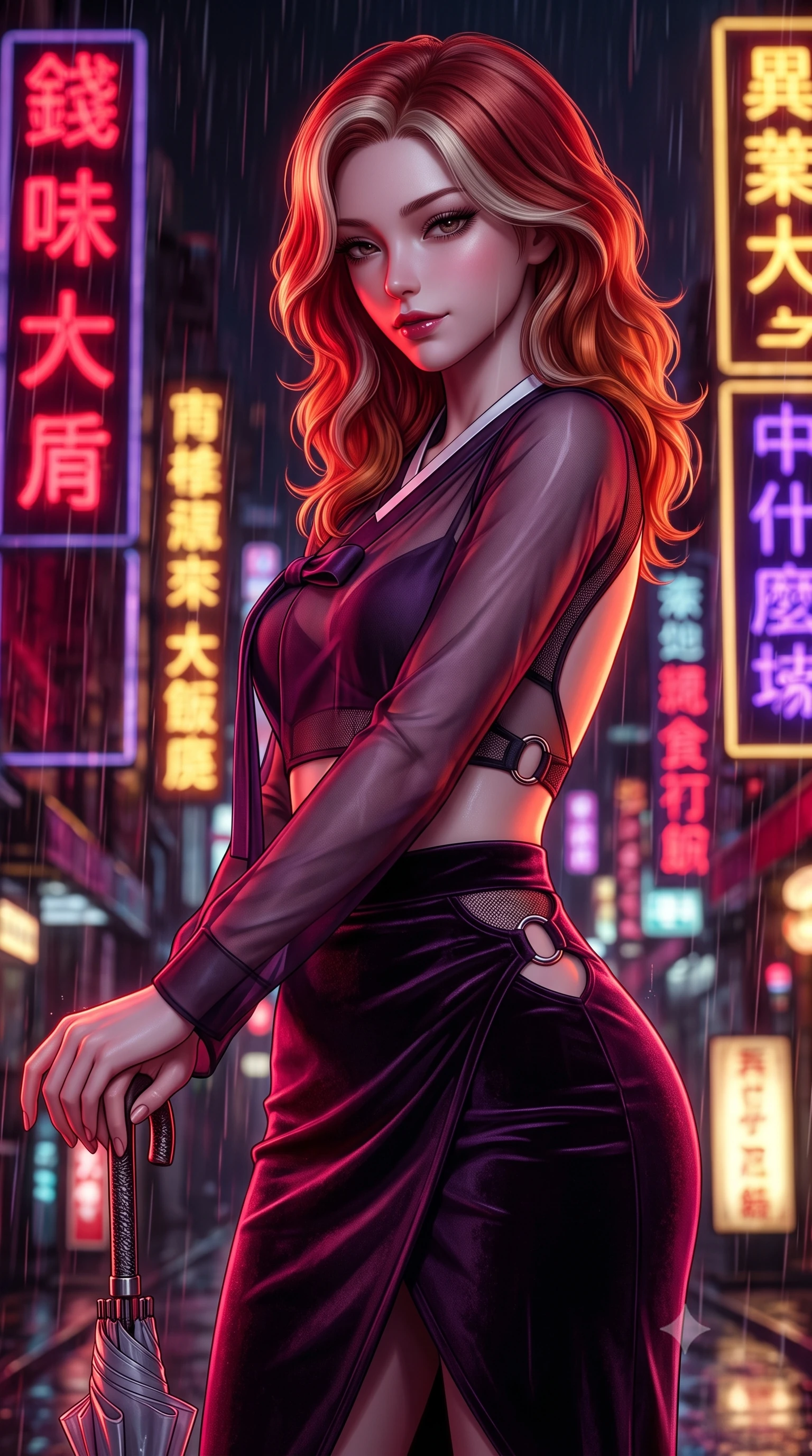 score_9, masterpiece, best quality, ultra-detailed, high-budget anime keyframe, semi-realistic 3D game render, editorial fashion photography, tasteful artistic composition, Caucasian woman. close-up cowboy shot from the waist and thighs up, the character dominates the composition, filling the frame with her large presence. glancing down over lowered lashes before meeting the camera with quiet, devastating intensity, her tailored outfit tracing her ultra-slim waist and hips while resting one hand on the umbrella handle while turning in an alluring contrapposto stance, her smoldering bedroom-eyes holding the lens with magnetic intensity. The composition keeps background elements in soft focus with dreamy creamy bokeh. vertical kanji neon signs in deep crimson, gold, and royal purple blurred into dazzling saturated reflections and dreamy rain bokeh. She has an exceptionally elegant, slender, and willowy female figure with an ultra-slim waist, flat toned midriff, narrow ribcage, and sculpted feminine hips creating an alluring, slim hourglass silhouette without bulk. sharp v-shaped jawline, high-bridge nose, intricate jewel-like dark sparkling eyes with dangerous depth, thick curled eyelashes, glossy parted lips with a rich wine sheen, smoldering seductive half-smile with bedroom-eyes, exuding effortless superiority and intoxicating dark allure, flawlessly proportioned anatomical accuracy, strict slender model proportions, natural body alignment, perfectly sculpted long slender limbs, ultra-slim waistline, clean dynamic posture without body distortion. wearing a modern fusion dark hanbok mini dress with a sheer silk organza jeogori and high-waisted velvet wrap skirt in rich plum violet and deep onyx black, made of semi-opaque dark contouring mesh clinging like a second skin, accented with sculptural chrome hardware rings framing the subtle cutouts, the precision-cut side openings and low-back scoop framing her graceful spine and the sensual sweep of her slim, toned hips. bathed in intense saturated crimson and warm gold neon underlights contrasting with dark rain-soaked shadow tones. highly saturated vibrant anime colors, detailed shading with soft gradients, rich glossy textures, high-contrast stereoscopic depth, volumetric dynamic lighting, master piece, 9:16 ratio