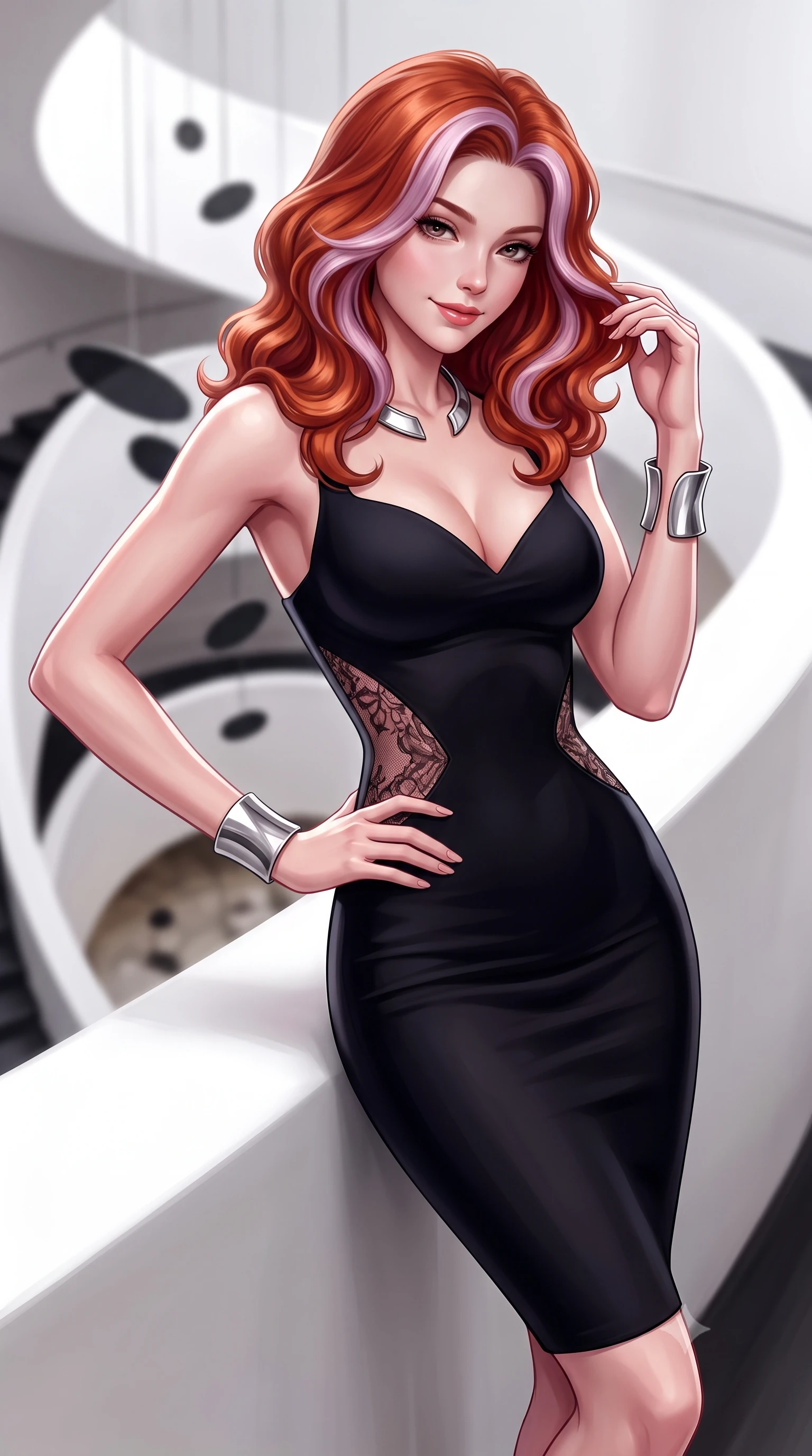 score_9, masterpiece, best quality, ultra-detailed, high-budget anime keyframe, semi-realistic 3D game render, editorial fashion photography, tasteful artistic composition, Caucasian woman. close-up cowboy shot from the waist and thighs up, the character dominates the composition, filling the frame with her large presence. twisting her slender torso in an alluring contrapposto stance, one hand resting on her sculpted hip while her fingers toy with her hair with effortless poise while leaning against the smooth white balustrade with hips cocked back, looking down into the rotunda with an alluring bedroom-smile. The background shows a soft-focus the endless sweeping curves of the white spiral ramp, floating black metal mobile discs, and rotunda floor blurred into pure white, charcoal, and ivory bokeh. She has an exceptionally elegant, slender, and willowy female figure with an ultra-slim waist, flat toned midriff, narrow ribcage, and sculpted feminine hips creating an alluring, slim hourglass silhouette without bulk. sharp v-shaped jawline, high-bridge nose, sparkling eyes with hypnotic seductive depth, thick curled eyelashes, glossy parted lips with a natural dewy peach sheen, alluring bedroom-eyes with an enchanting coquettish smile, exuding magnetic siren charisma and sophisticated glamour, flawlessly proportioned anatomical accuracy, strict slender model proportions, natural body alignment, perfectly sculpted long slender limbs, ultra-slim waistline, clean dynamic posture without body distortion. wearing a deep sweetheart-neckline matte-black bodycon dress with sheer side-torso cutouts accentuating her hourglass curves in dusky blush rose and antique black lace, crafted from smooth liquid-tight stretch jersey emphasizing every curve of her body, finished with a sculptural silver torque collar and a matching wide architectural wrist cuff, the glove-like clinging cut tightly following the natural contour of her hips and long slender legs with youthful 8.5-heads elegance. illuminated by curved white wall bounce and sharp platinum-white rim lights defining her delicate clavicles, ultra-slim waist, and curvy hips. highly saturated vibrant anime colors, detailed shading with soft gradients, rich glossy textures, high-contrast stereoscopic depth, volumetric dynamic lighting, master piece, 9:16 ratio