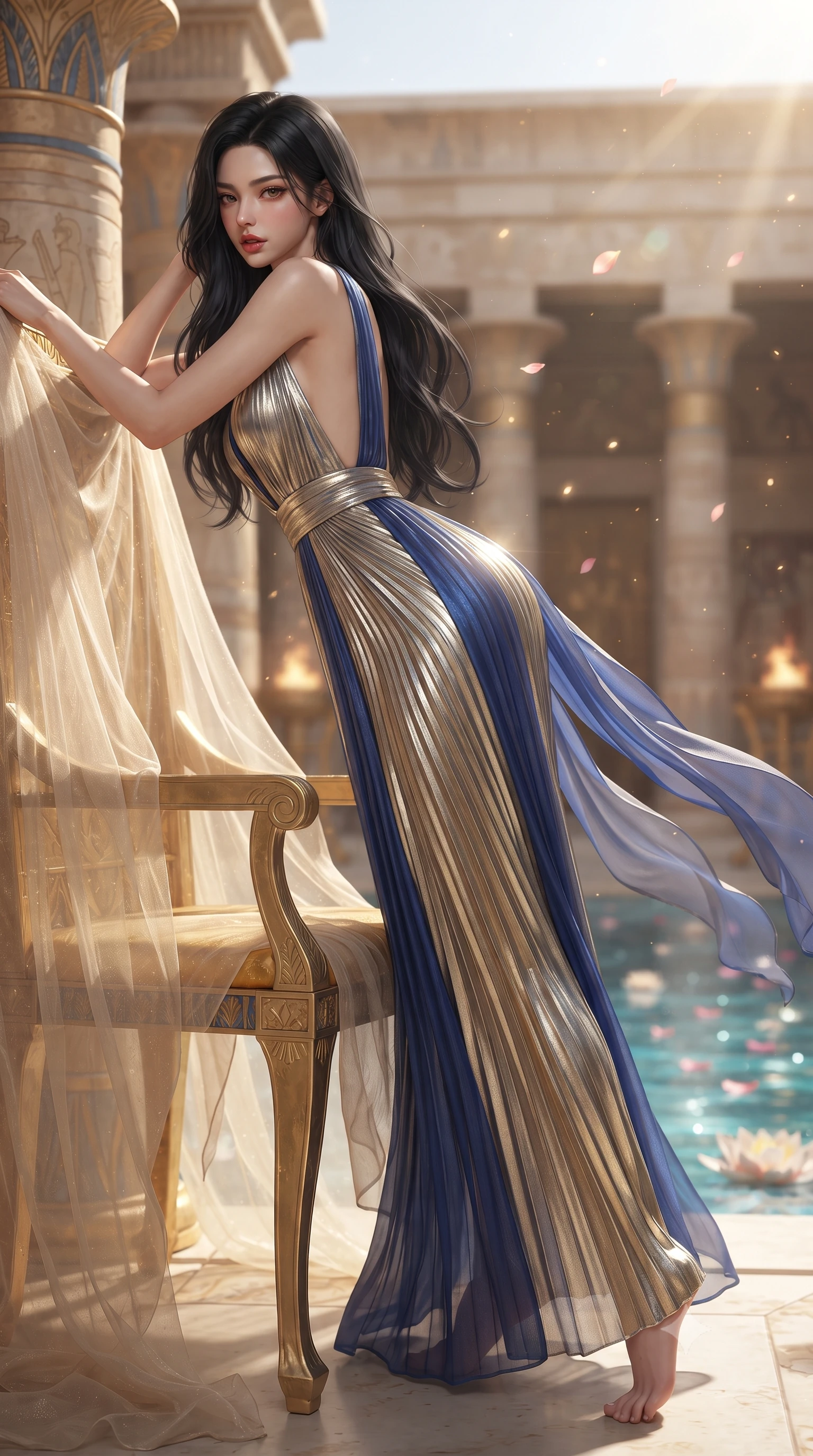 score_9, masterpiece, best quality, ultra-detailed, high-budget anime keyframe, editorial fashion photography, tasteful artistic composition, Korean woman. low angle full-body shot from head to toe showing her feet, filling the entire 9:16 vertical frame with her statuesque presence, stretching her vertical silhouette. leaning deep against the structural architecture with hips cocked in an unapologetically bold, seductive high-fashion stance while stretching languidly across a golden throne draped in sheer gossamer linen, parted glossy lips reflecting flickering sacred brazier fires. The composition keeps background elements in soft focus with creamy bokeh. sparkling pool caustics and floating lotus petals scattering radiant sunlight motes across the sanctuary. She has an absolutely perfect, statuesque 8.5-heads proportion, an exceptionally tall and slender model-like female figure with impossibly long slender legs, a toned flat midriff, an ultra-slim waist, and beautifully sculpted feminine hips. sharp v-shaped jawline, high-bridge nose, intricate jewel-like eyes with depth, thick eyelashes, glossy parted lips with a natural sheen, intensely captivating and seductive bedroom-eyes expression, flawlessly proportioned anatomical accuracy, strict slender model proportions, natural body alignment, perfectly sculpted long slender limbs, ultra-slim waistline, clean dynamic posture without body distortion. wearing a liquid-gold metallic pleated column gown with an ultra-deep plunging open back and hip-hugging silhouette in royal sapphire blue and brushed platinum, woven from lightweight airy silk chiffon with a weightless sweeping drape, finished with sheer floating train panels fluttering behind her in the desert breeze, the liquid-tight tailored fabric clinging flawlessly to her narrow waist and rounded feminine hips, emphasizing every millimeter of her sculpted hourglass curves during movement. surrounded by a sovereign, divine, and breathlessly mesmerizing Nile queen aura. ultra-reflective glossy finish, specular highlights, rich textural contrasts, high-contrast stereoscopic depth, volumetric dynamic lighting, 2k, ultra detail, master piece, 9:16 ratio