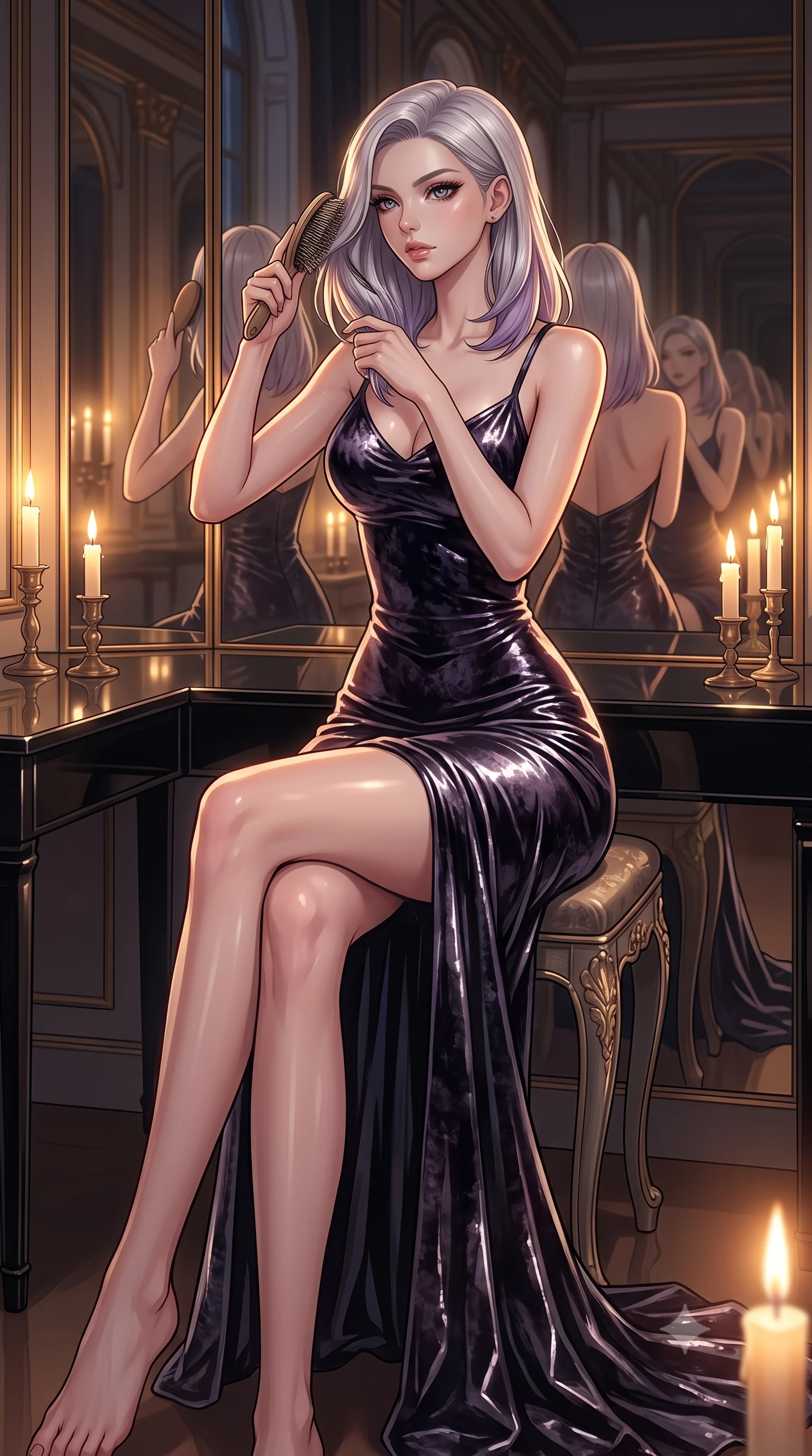 score_9, masterpiece, best quality, ultra-detailed, High-budget Anime Keyframe, Caucasian woman, strictly human ears. Low angle cowboy shot filling the entire 9:16 frame with her statuesque presence. Scenario 257: brushing her hair while seated before a vanity of black glass in a hall of mirrors reflecting infinite silhouettes in warm candlelight. Her presence is magnetic and overpowering in this high-budget anime scene. Outfit 257: a form-contouring crushed dark velvet liquid with a thigh-high slit and wet-look texture. The clothing is designed to emphasize her exceptionally tall and slender 8-heads proportion. 8-heads proportion, towering silhouette, ultra-slim waist. sharp v-shaped jawline, intricate jewel-like eyes with depth, thick eyelashes, glossy lips. 2k, ultra detail, master piece, 9:16 ratio