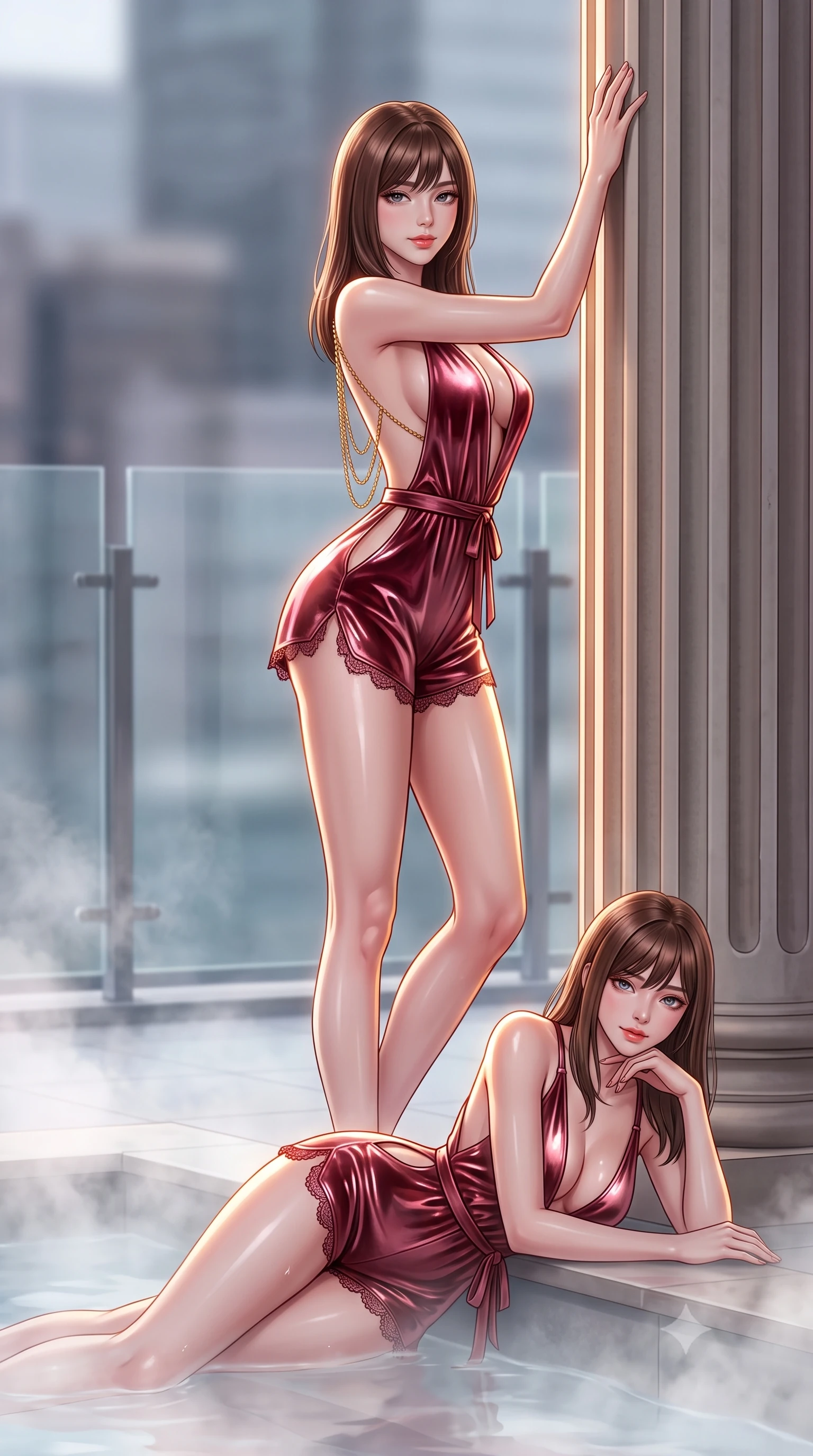 score_9, masterpiece, best quality, ultra-detailed, high-budget anime keyframe, semi-realistic 3D game render, editorial fashion photography, tasteful artistic composition, Korean woman. low angle full-body shot from head to toe showing her feet, filling the entire 9:16 vertical frame with her statuesque presence, stretching her vertical silhouette. standing tall beside the architectural column, one hand resting high while arching her lower back to emphasize her sculpted feminine hips and slender waist while lounging gracefully in the shallow thermal shelf propped on one elbow, her statuesque 8.5-heads silhouette radiating futuristic Tokyo glamour. The background shows a soft-focus glass safety balustrades softened in ultra-exclusive urban rooftop shallow focus. She has an absolutely perfect, statuesque 8.5-heads proportion, an exceptionally tall and slender model-like female figure with impossibly long slender legs, an ultra-slim waist, a flat toned midriff, narrow delicate ribcage, and beautifully sculpted feminine hips creating a graceful, slim hourglass silhouette without any bulky heaviness. sharp v-shaped jawline, high-bridge nose, sparkling eyes with hypnotic seductive depth, thick curled eyelashes, glossy parted lips with a natural dewy peach sheen, alluring bedroom-eyes with an enchanting coquettish smile, exuding magnetic siren charisma and sophisticated glamour, flawlessly proportioned anatomical accuracy, strict slender model proportions, natural body alignment, perfectly sculpted long slender limbs, ultra-slim waistline, clean dynamic posture without body distortion. wearing a plunge-neck stretch velvet romper with scalloped eyelash-lace hems and a cinched waist ribbon in smoldering Chianti crimson wine and deep rose-gold, crafted from wet-look high-gloss vinyl fabric with dazzling specular surface reflections, accented with an open-back drape framed by falling strands of delicate gold chains, the precision-cut side openings and low-back scoop framing her graceful spine and the sensual sweep of her slim, toned hips. illuminated by steam cloud light scatter and sharp electric-amber rim lights sculpting her jawline, flat midriff, and voluptuous hip curves. highly saturated vibrant anime colors, detailed shading with soft gradients, rich glossy textures, high-contrast stereoscopic depth, volumetric dynamic lighting, master piece, 9:16 ratio