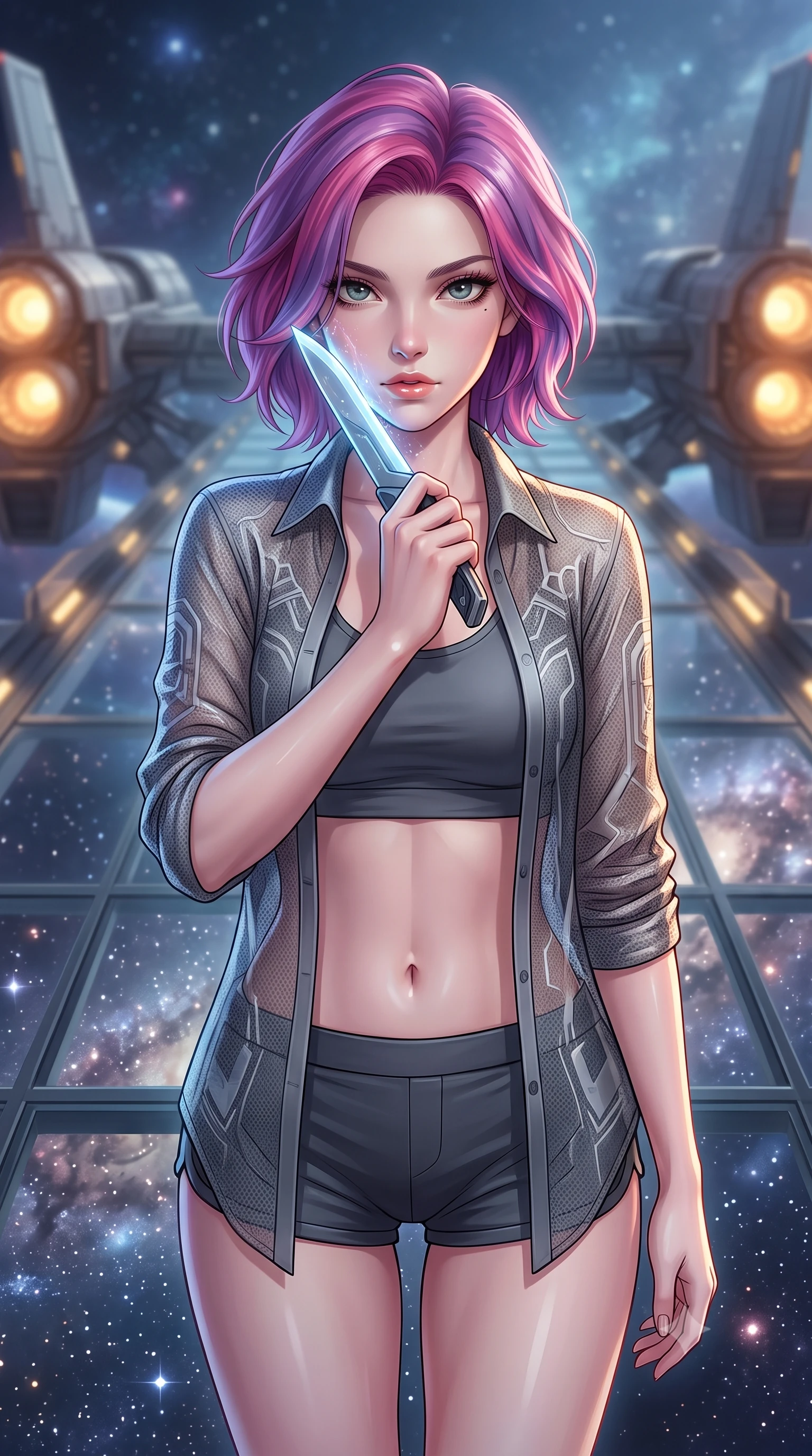 score_9, masterpiece, best quality, ultra-detailed, high-budget anime keyframe, editorial fashion photography, tasteful artistic composition, Caucasian woman. close-up cowboy shot from the waist and thighs up, the character dominates the composition, filling the frame with her large presence, background elements kept in soft focus. pressing the flat side of a glowing vibro-blade against her cheek, locking eyes with the viewer with bedroom-eyes, the background shows a soft-focus a cosmic skybridge with glass floor showing stars and cosmic dust below. She has an exceptionally elegant, slender, and willowy female figure with an ultra-slim waist, a gracefully sculpted slender torso, and a refined silhouette. sharp v-shaped jawline, high-bridge nose, intricate jewel-like eyes with depth, thick eyelashes, glossy lips with a natural sheen. wearing a tailored lightweight carbon-mesh cover-up shirt worn open over a crop top and high-cut combat shorts. soft silver starlight contrasting with the warm amber glow of nearby engines. highly saturated vibrant anime colors, detailed shading with soft gradients, rich glossy textures, high-contrast stereoscopic depth, volumetric dynamic lighting, master piece, 9:16 ratio