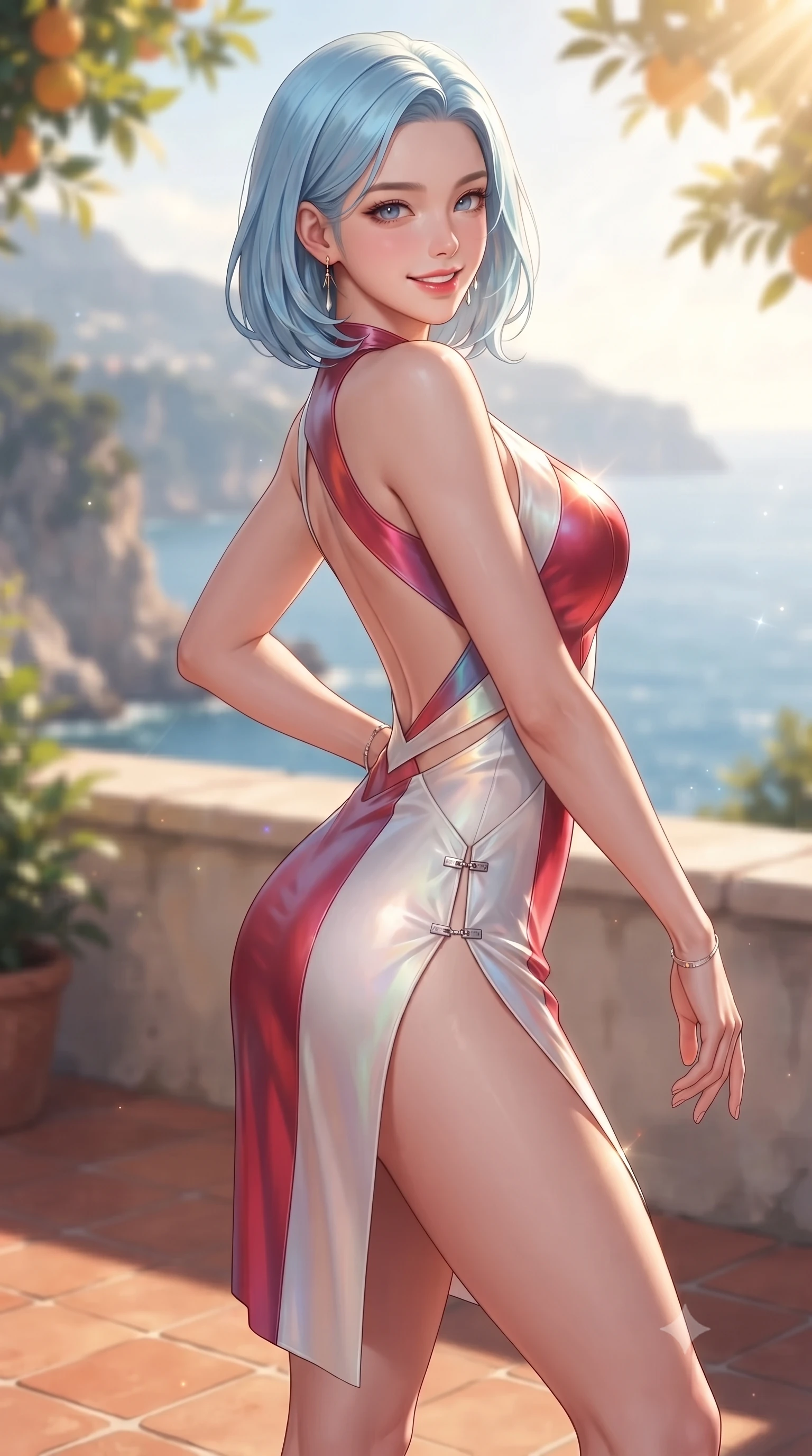score_9, masterpiece, best quality, ultra-detailed, high-budget anime keyframe, editorial fashion photography, tasteful artistic composition, Korean woman. close-up cowboy shot from the waist and thighs up, the character dominates the composition, filling the frame with her large presence. twisting her upper body in a dynamic S-curve with an alluring smolder, one hand trailing along her slender waist while pivoting dynamically on a terracotta balcony overlooking the sparkling sapphire sea with a bright, magnetic smile. The composition keeps background elements in soft focus with creamy bokeh. distant coastal cliffs and sapphire sea waters softened in dreamy shallow depth of field. She has an exceptionally elegant, slender, and willowy female figure with an ultra-slim waist, a gracefully sculpted slender torso, toned flat midriff, and a refined slim silhouette. sharp v-shaped jawline, high-bridge nose, intricate jewel-like eyes with depth, thick eyelashes, glossy lips with a natural sheen, flawlessly proportioned anatomical accuracy, strict slender model proportions, natural body alignment, perfectly sculpted long slender limbs, ultra-slim waistline, clean dynamic posture without body distortion. wearing a second-skin fashion-latex mini dress with a clean architectural front, featuring an open-back design that wraps around the sides of her waist, showcasing her slender silhouette in radiant crimson silk and crisp snow white, made of smooth iridescent silk chiffon that shifts colors with movement, finished with an ultra-high side slit secured by miniature magnetic clasps, the form-contouring material adhering flawlessly to her sculpted flat midriff and slender torso, emphasizing her long leg lines and perfectly proportioned willowy build. bathed in warm golden afternoon sunbeams filtering through citrus canopies. ultra-reflective glossy finish, specular highlights, metallic sheen, high-contrast stereoscopic depth, volumetric dynamic lighting, 2k, ultra detail, master piece, 9:16 ratio