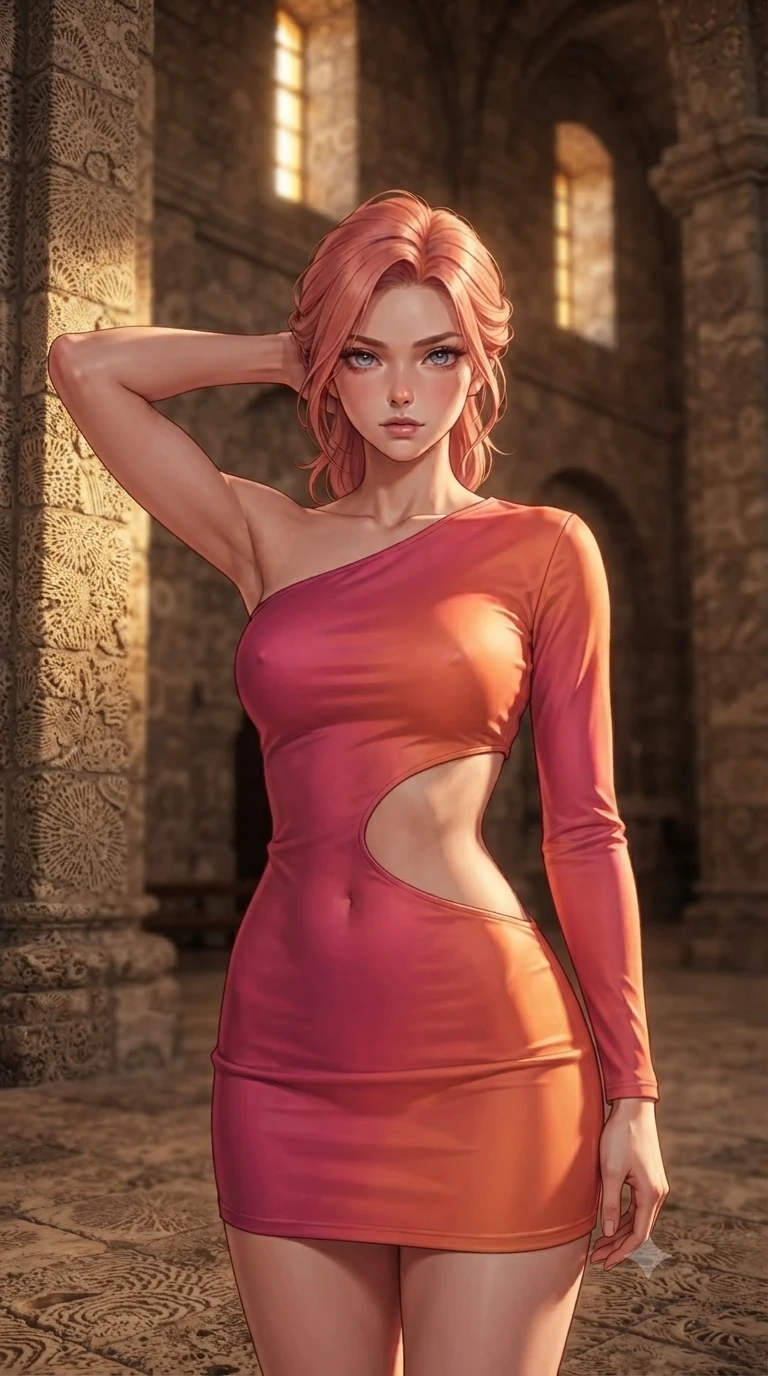 score_9, masterpiece, best quality, ultra-detailed, high-budget anime keyframe, editorial fashion photography, tasteful artistic composition, Japanese woman. close-up cowboy shot from the waist and thighs up, the character dominates the composition, filling the frame with her large presence, background elements kept in soft focus. Placing one hand behind her head with confident body language and a direct stare. set against a soft-focus background of inside an ancient cathedral whose massive stone walls are built entirely from fossilized coral preserving millions of years of marine life in intricate stone patterns each pillar a compressed timeline of ocean history. She has an exceptionally elegant and slender, willowy female figure with an ultra-slim waist, a gracefully sculpted slender torso, and a refined slim physique. sharp v-shaped jawline, high-bridge nose, intricate jewel-like eyes with depth, thick eyelashes, glossy lips with a natural sheen. wearing an asymmetric one-sleeve mini dress in a warm fuchsia and orange gradient, with a dramatic side cutout. warm golden afternoon light streaming through high narrow windows catching the textured fossil surfaces creating deep relief shadows that reveal the intricate ancient coral patterns. 2k, ultra detail, master piece, 9:16 ratio