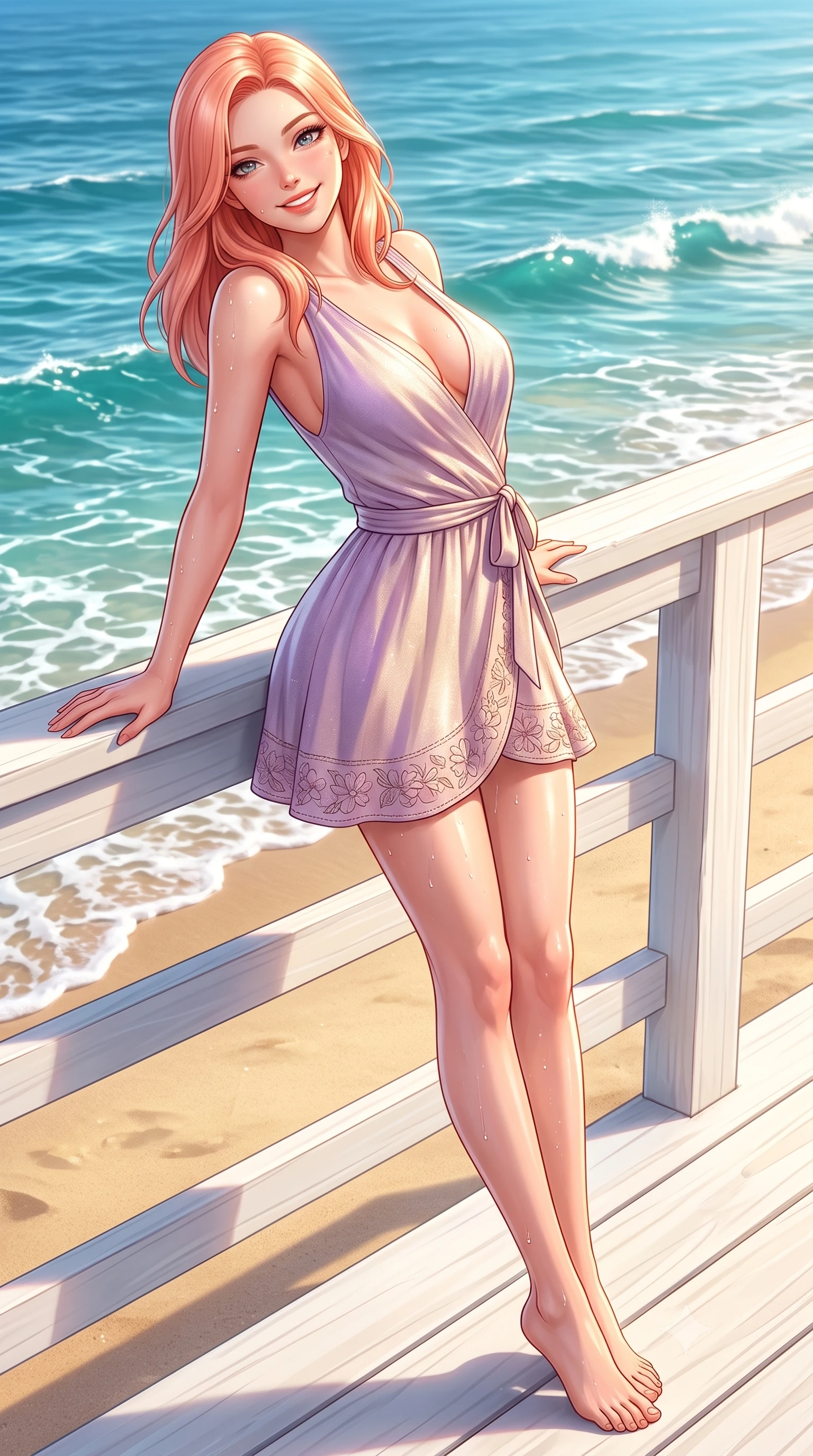 score_9, masterpiece, best quality, ultra-detailed, high-budget anime keyframe, semi-realistic 3D game render, editorial fashion photography, tasteful artistic composition, Japanese woman. low angle full-body shot from head to toe showing her feet, filling the entire 9:16 vertical frame with her statuesque presence, stretching her vertical silhouette. leaning deep against the sunlit architecture with hips cocked back in a cute yet unapologetically alluring high-fashion stance, flashing a warm beaming smile while perching on the white timber railing of a beachfront cottage deck, arching her back as turquoise Pacific waves lap gently onto golden sand. The surrounding environment is rendered in vivid detail and crisp panoramic clarity. detailed swimwear fabric sheen, water droplet beads on skin, and Malibu coastline clarity in high resolution. She has an exceptionally tall and slender model-like 8.5-heads proportion, an ultra-slim waist, a flat toned midriff, narrow delicate ribcage, and beautifully sculpted feminine hips creating a graceful, slim hourglass silhouette without any bulky heaviness, with impossibly long slender legs. sharp v-shaped jawline, high-bridge nose, intricate jewel-like sparkling eyes with depth, thick eyelashes, glossy parted lips with a natural peach sheen, bright cheerful beaming smile with an enchanting and coquettish sensual glint, exuding both youthful cute charm and seductive allure, flawlessly proportioned anatomical accuracy, strict slender model proportions, natural body alignment, perfectly sculpted long slender limbs, ultra-slim waistline, clean dynamic posture without body distortion. wearing a breezy wrap mini dress with a deep V-neckline and tie-waist accentuating her sculpted flat midriff and hips in soft lilac and champagne shimmer, crafted from soft breathable linen with effortless natural drape, complemented by delicate embroidered floral trim along the hem, the glove-like silhouette tightly following the natural contour of her hips and long slender legs with youthful 8.5-heads elegance. illuminated by intense specular sea foam reflections sharply sculpting her razor-sharp jawline, narrow waist, and curvy hips. highly saturated vibrant anime colors, detailed shading with soft gradients, rich glossy textures, high-contrast stereoscopic depth, volumetric dynamic lighting, master piece, 9:16 ratio