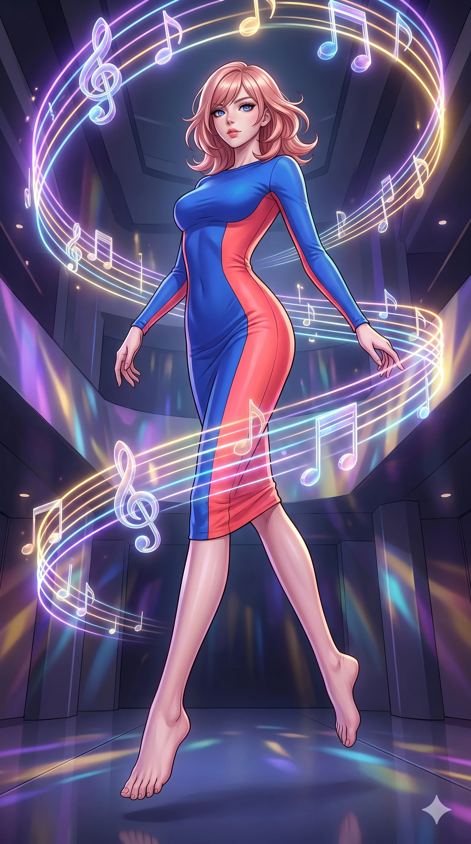 score_9, masterpiece, best quality, ultra-detailed, high-budget anime keyframe, editorial fashion photography, tasteful artistic composition, Japanese woman. low angle full-body shot from head to toe showing her feet, filling the entire 9:16 vertical frame with her statuesque presence, stretching her vertical silhouette. leaping gracefully through a futuristic concert hall where holographic musical notes materialize as glowing three-dimensional objects that orbit spiral and cascade through the air in luminous trails of sound made visible. She has a statuesque 8.5-heads proportion, an exceptionally tall, slender and willowy model-like build with impossibly long legs and a highly sculpted ultra-slim waist. sharp v-shaped jawline, high-bridge nose, intricate jewel-like eyes with depth, thick eyelashes, glossy lips with a natural sheen. wearing a precision-fitted long-sleeve midi dress in a vibrant two-tone color block of cobalt blue and hot coral, contouring her slender torso like a second skin. brilliant multicolored holographic light from the floating musical notes casting dynamic shifting patterns of violet gold and cyan across the polished dark walls. 2k, ultra detail, master piece, 9:16 ratio
