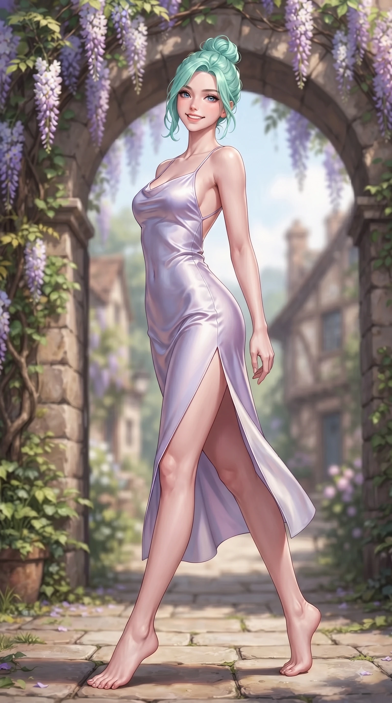 score_9, masterpiece, best quality, ultra-detailed, high-budget anime keyframe, editorial fashion photography, tasteful artistic composition, Japanese woman. low angle full-body shot from head to toe showing her feet, filling the entire 9:16 vertical frame with her statuesque presence, stretching her vertical silhouette. pivoting dynamically with a fresh infectious smile, her ultra-slim waist creating a sweeping fluid curve while resting near a flower-draped stone archway with a radiant beaming smile. The composition keeps background elements in soft focus with dreamy bokeh. rustic European arches blurring smoothly into a charming background backdrop. She has an absolutely perfect, statuesque 8.5-heads proportion, an exceptionally tall and slender model-like female figure with impossibly long slender legs and an ultra-slim waist. sharp v-shaped jawline, high-bridge nose, intricate jewel-like eyes with depth, thick eyelashes, glossy lips with a natural sheen, flawlessly proportioned anatomical accuracy, natural body alignment, perfectly sculpted elegant limbs, clean dynamic posture without body distortion. wearing a precision-fitted liquid satin slip dress with fluid draped lines and an open back in soft lavender violet and pearl white, crafted from lightweight fluid chiffon, featuring a sleek side leg slit ascending to mid-thigh, the elegant draped fit framing her graceful clavicle and slender torso. illuminated by clear sky refractions and vibrant specular highlights. ultra-reflective glossy finish, specular highlights, metallic sheen, high-contrast stereoscopic depth, volumetric dynamic lighting, 2k, ultra detail, master piece, 9:16 ratio