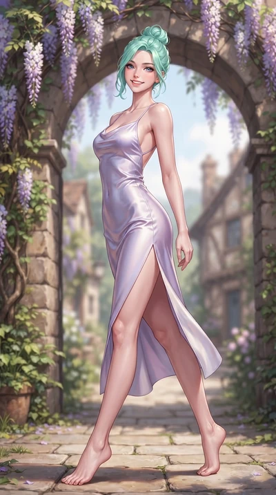 score_9, masterpiece, best quality, ultra-detailed, high-budget anime keyframe, editorial fashion photography, tasteful artistic composition, Japanese woman. low angle full-body shot from head to toe showing her feet, filling the entire 9:16 vertical