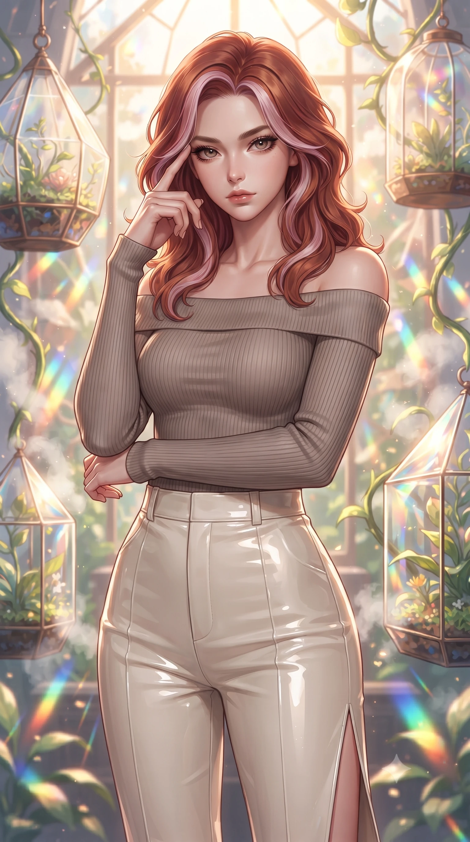 score_9, masterpiece, best quality, ultra-detailed, high-budget anime keyframe, editorial fashion photography, tasteful artistic composition, Caucasian woman. close-up cowboy shot from the waist and thighs up, the character dominates the composition, filling the frame with her large presence, background elements kept in soft focus. Pressing two fingers to her temple in a composed thoughtful gesture with an air of magnetic charisma surrounded by floating glass terrariums and radiant biomorphic vines, steam clouds refracting sunlight into brilliant rainbow prisms. She has an exceptionally elegant, slender, and willowy female figure with an ultra-slim waist, a gracefully sculpted slender torso, and a refined silhouette. sharp v-shaped jawline, high-bridge nose, intricate jewel-like eyes with depth, thick eyelashes, glossy lips with a natural sheen. wearing a sleek off-shoulder ribbed knit top paired with high-waist tailored pants in muted taupe and soft ivory, tailored from high-gloss patent leather, finished with a sleek side slit ascending to mid-thigh, the tailored fabric tightly following every curve of her athletic build. lit by warm golden-hour rays cascading through crystalline glass panes. highly saturated vibrant anime colors, detailed shading with soft gradients, rich glossy textures, high-contrast stereoscopic depth, volumetric dynamic lighting, master piece, 9:16 ratio