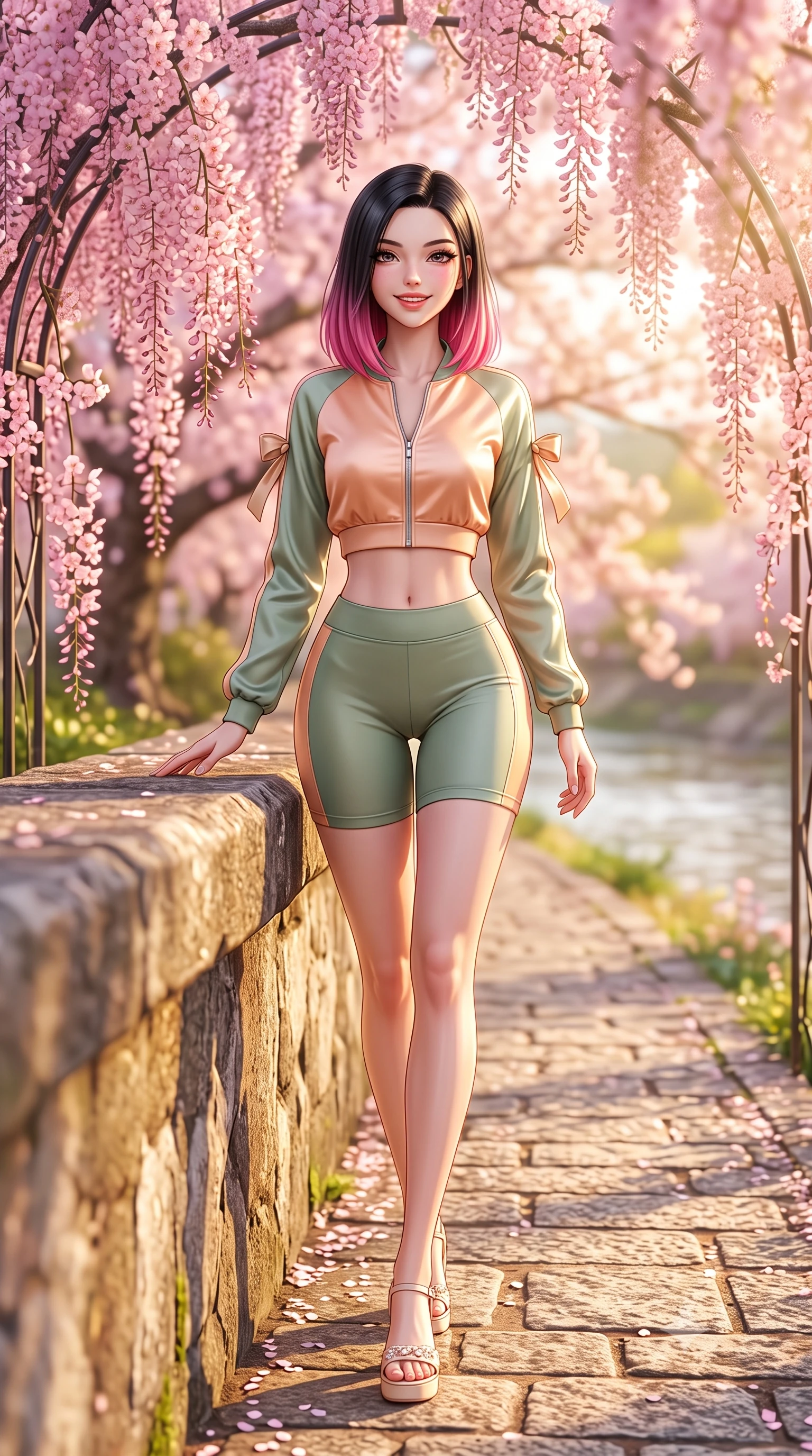 score_9, masterpiece, best quality, ultra-detailed, high-budget anime keyframe, semi-realistic 3D game render, editorial fashion photography, tasteful artistic composition, Korean woman. low angle full-body shot from head to toe showing her feet, filling the entire 9:16 vertical frame with her statuesque presence, stretching her vertical silhouette. sitting perched on the elevated edge with legs crossed and hips angled toward the camera, displaying her toned midriff and long slender limbs with a joyful, coquettish smile while walking gracefully along the riverbank path, her form-fitting outfit highlighting her narrow waist and curvy hips beneath blooming flower arches. The composition keeps background elements in soft focus with dreamy creamy bokeh. cascading pink weeping cherry blossoms and glittering Kamogawa river waters blurred into soft sakura-pink, gold, and spring-green bokeh. She has an exceptionally tall and slender model-like 8.5-heads proportion, an ultra-slim waist, a flat toned midriff, narrow delicate ribcage, and beautifully sculpted feminine hips creating a graceful, slim hourglass silhouette without any bulky heaviness, with impossibly long slender legs. sharp v-shaped jawline, high-bridge nose, intricate jewel-like sparkling eyes with depth, thick eyelashes, glossy parted lips with a natural peach sheen, bright cheerful beaming smile with an enchanting and coquettish sensual glint, exuding both youthful cute charm and seductive allure, flawlessly proportioned anatomical accuracy, strict slender model proportions, natural body alignment, perfectly sculpted long slender limbs, ultra-slim waistline, clean dynamic posture without body distortion. wearing a sporty chic zip-up crop jacket paired with high-waisted biker shorts clinging to her athletic hips in soft apricot and sage green, made of smooth fluid silk satin with a delicate pearlescent sheen, finished with cute satin bow ribbons tying at the shoulders, the form-fitting cut adhering flawlessly to her sculpted flat midriff and slender torso, emphasizing her long leg lines and perfectly proportioned willowy build. bathed in bright morning sunbeams and warm golden sakura backlighting. highly saturated vibrant anime colors, detailed shading with soft gradients, rich glossy textures, high-contrast stereoscopic depth, volumetric dynamic lighting, master piece, 9:16 ratio