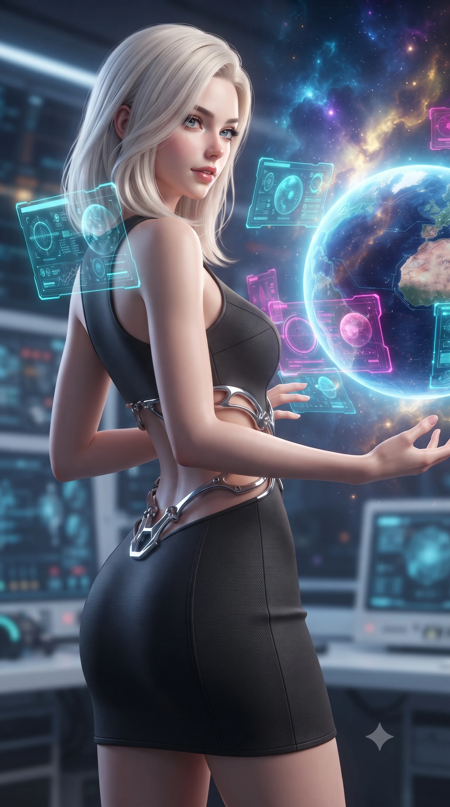 score_9, masterpiece, best quality, ultra-detailed, high-budget anime keyframe, editorial fashion photography, tasteful artistic composition, Caucasian woman. close-up cowboy shot from the waist and thighs up, the character dominates the composition, filling the frame with her large presence, background elements kept in soft focus. Glancing sidelong over her shoulder with a smoldering half-smile and heavy lashes interacting with a giant glowing holographic globe of a cybernetic planet, translucent cyan and magenta holographic panels hovering seamlessly. She has an exceptionally elegant, slender, and willowy female figure with an ultra-slim waist, a gracefully sculpted slender torso, and a refined silhouette. sharp v-shaped jawline, high-bridge nose, intricate jewel-like eyes with depth, thick eyelashes, glossy lips with a natural sheen. wearing a dramatic open-waist cutout mini dress in matte black framed by sculptural chrome hardware, the glove-like fit emphasizing her statuesque silhouette. illuminated by radiant cosmic nebula light and glowing holographic displays. ultra-reflective glossy finish, specular highlights, metallic sheen, high-contrast stereoscopic depth, volumetric dynamic lighting, 2k, ultra detail, master piece, 9:16 ratio