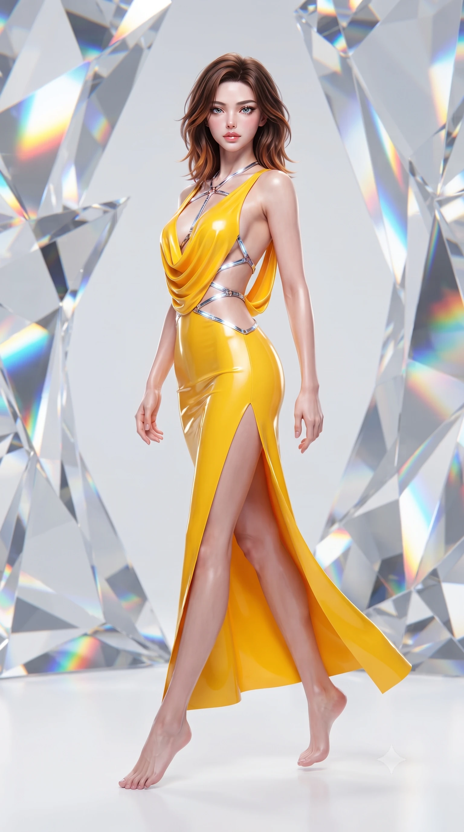 score_9, masterpiece, best quality, ultra-detailed, high-budget anime keyframe, editorial fashion photography, tasteful artistic composition, Korean woman. low angle full-body shot from head to toe showing her feet, filling the entire 9:16 vertical frame with her statuesque presence, stretching her vertical silhouette. pivoting dynamically in mid-motion with a breathtakingly alluring posture, displaying her flawless model proportions and ultra-slim waist while pivoting dynamically on a white epoxy floor as vibrant spectrum light bands wrap around her slender figure. The surrounding environment is rendered in vivid detail and crisp panoramic clarity. razor-sharp optical crystal prism facets, distinct rainbow light band borders, and white gallery floor in deep focus. She has an absolutely perfect, statuesque 8.5-heads proportion, an exceptionally tall and slender model-like female figure with impossibly long slender legs, a toned flat midriff, and an ultra-slim waist. sharp v-shaped jawline, high-bridge nose, intricate jewel-like eyes with depth, thick eyelashes, glossy lips with a natural sheen, flawlessly proportioned anatomical accuracy, strict slender model proportions, natural body alignment, perfectly sculpted long slender limbs, ultra-slim waistline, clean dynamic posture without body distortion. wearing a precision-fitted liquid jersey bodycon dress with a dramatic draped cowl back that swoops down to her waist and a high side slit in vibrant sunburst canary yellow and gold trim, crafted from ultra-reflective second-skin latex with a high-gloss glass-like polish, reinforced by a sleek metallic chrome harness and delicate glowing micro-straps, the precision-cut daring openings accentuating her delicate midriff, graceful bare collarbones, and ultra-slim feminine waistline. surrounded by a hyper-creative, radiant, and fiercely chic modern fashion editorial aura. ultra-reflective glossy finish, specular highlights, metallic sheen, high-contrast stereoscopic depth, volumetric dynamic lighting, 2k, ultra detail, master piece, 9:16 ratio