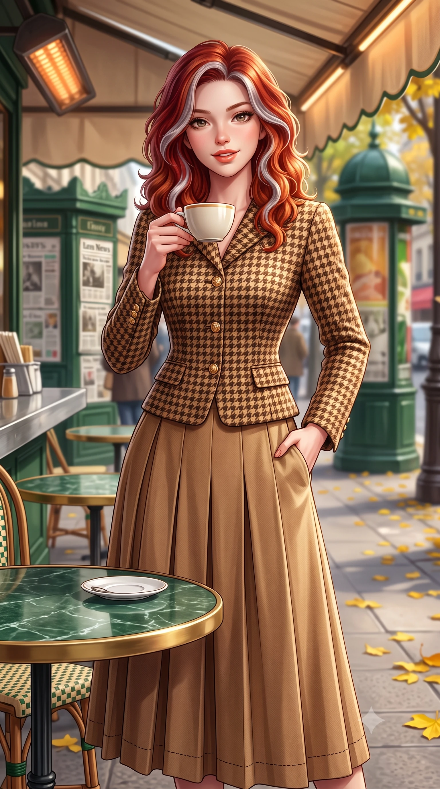 score_9, masterpiece, best quality, ultra-detailed, high-budget anime keyframe, semi-realistic 3D game render, editorial fashion photography, tasteful artistic composition, Caucasian woman. close-up cowboy shot from the waist and thighs up, the character dominates the composition, filling the frame with her large presence. standing poised with one hand slipped into her tailored trouser pocket, head tilted in a friendly, engaging expression while sitting poised at a round green marble bistrot table beneath the heated cafe awning, cradling a porcelain cup with a radiant French smile. The background shows a soft-focus bustling Parisian boulevard with vintage green newspaper kiosks, yellow chestnut leaves on pavement, and café patrons blurred into emerald, amber, and espresso bokeh. She has an exceptionally elegant, slender, and willowy female figure with an ultra-slim waist, flat toned midriff, narrow ribcage, and sculpted feminine hips creating an alluring, slim hourglass silhouette without bulk. sharp v-shaped jawline, high-bridge nose, intricate jewel-like sparkling eyes with depth, thick eyelashes, glossy parted lips with a natural peach sheen, bright cheerful beaming smile with an enchanting and coquettish sensual glint, exuding both youthful cute charm and seductive allure, flawlessly proportioned anatomical accuracy, strict slender model proportions, natural body alignment, perfectly sculpted long slender limbs, ultra-slim waistline, clean dynamic posture without body distortion. wearing a structured houndstooth tweed jacket with gold embossed buttons and a matching pleated A-line midi skirt in Saint-Germain camel wool and warm espresso, tailored from fine wool gabardine with crisp permanent pleats and sharp drape, featuring delicate tonal horn buttons and meticulous hand-stitched pick-lapel borders, the streamlined silhouette following her natural slender proportions with sophisticated poise, enhancing her tall willowy presence. illuminated by zinc counter and marble tabletop bounce with delicate platinum rim lights sculpting her features and slender waist. highly saturated vibrant anime colors, detailed shading with soft gradients, rich glossy textures, high-contrast stereoscopic depth, volumetric dynamic lighting, master piece, 9:16 ratio