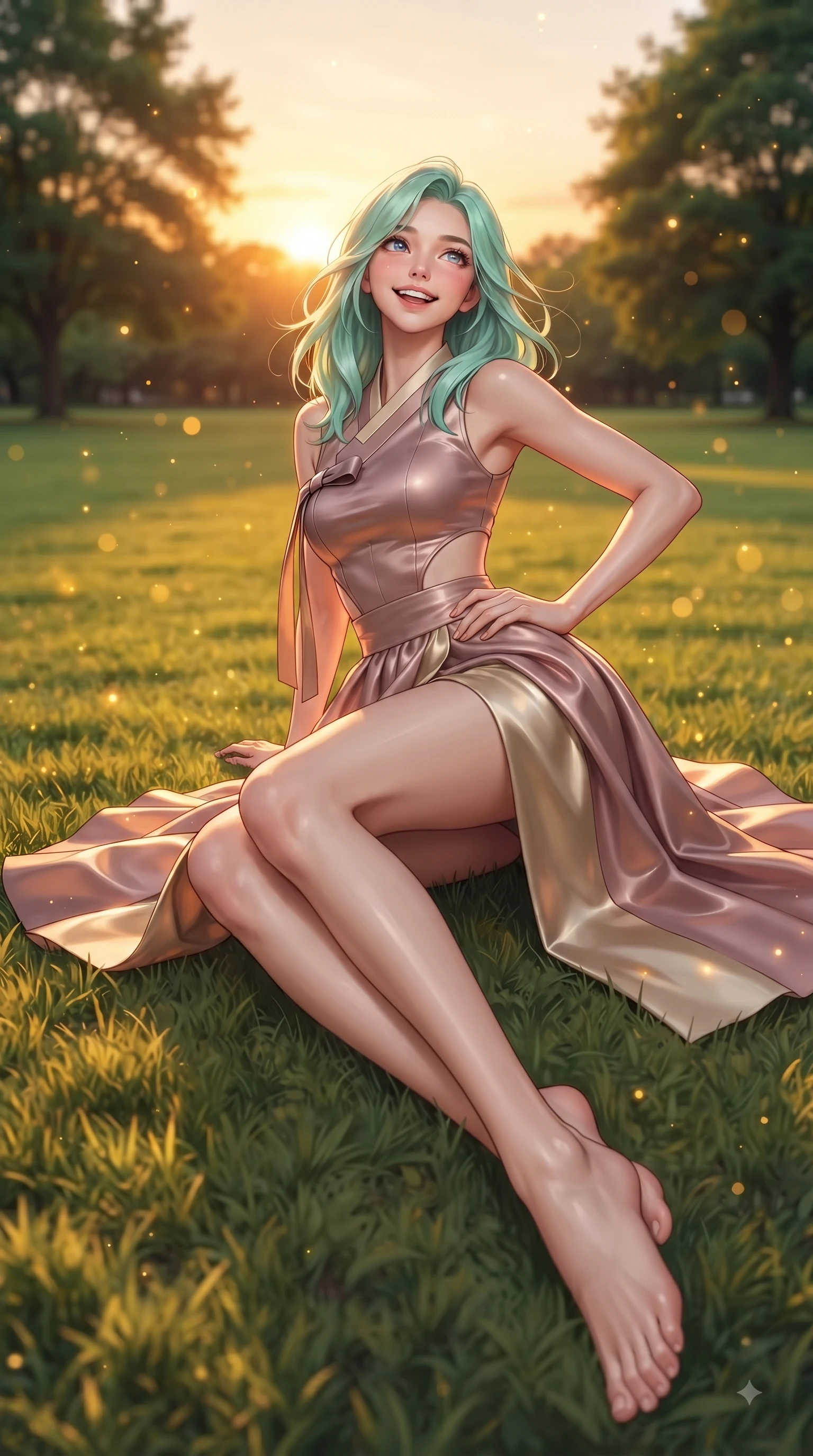 score_9, masterpiece, best quality, ultra-detailed, high-budget anime keyframe, editorial fashion photography, tasteful artistic composition, Japanese woman. low angle full-body shot from head to toe showing her feet, filling the entire 9:16 vertical frame with her statuesque presence, stretching her vertical silhouette. forging dynamically through the scene with a fresh infectious smile, her ultra-slim waist creating a sweeping curve while resting on her elbow on the grass while looking up with sparkling, happy eyes at the sunset, green park lawns scattered with golden evening light motes and gentle breezes. She has an absolutely perfect, statuesque 8.5-heads proportion, an exceptionally tall and slender model-like female figure with impossibly long slender legs and an ultra-slim waist. sharp v-shaped jawline, high-bridge nose, intricate jewel-like eyes with depth, thick eyelashes, glossy lips with a natural sheen, flawlessly proportioned anatomical accuracy, natural body alignment, perfectly sculpted elegant limbs, clean dynamic posture without body distortion. wearing a modern fusion silk hanbok dress with a structured bodice and flowing skirt in dusty rose and champagne gold, crafted from smooth liquid silk, featuring clean architectural cutouts along her slender torso, the form-contouring material highlighting her ultra-slim waist and long lines. bathed in glorious golden hour sunset sunbeams and warm amber sky radiance. ultra-reflective glossy finish, specular highlights, metallic sheen, high-contrast stereoscopic depth, volumetric dynamic lighting, 2k, ultra detail, master piece, 9:16 ratio