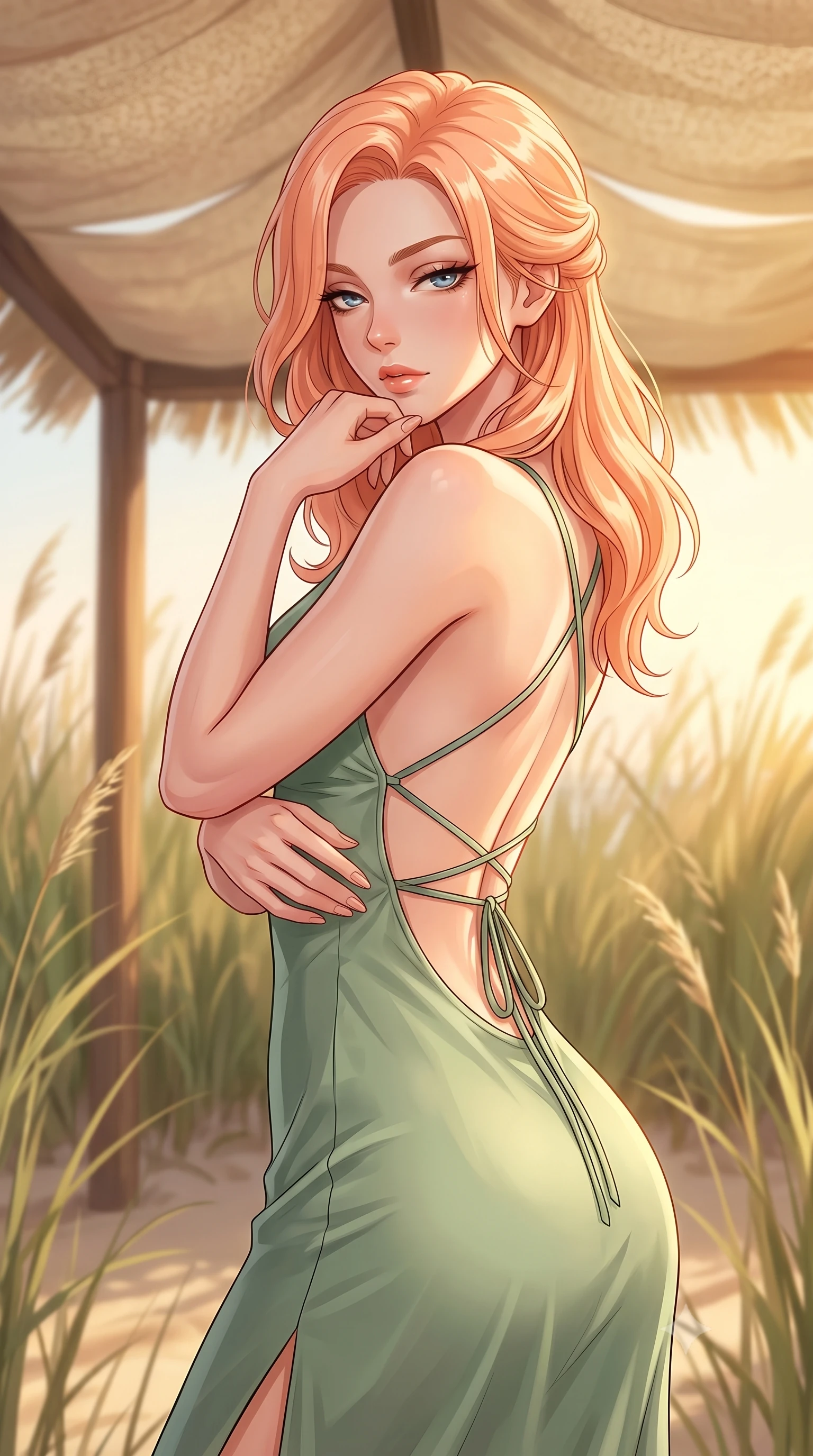 score_9, masterpiece, best quality, ultra-detailed, high-budget anime keyframe, tasteful artistic composition, Japanese woman. close-up cowboy shot from the waist and thighs up, the character dominates the composition, filling the frame with her large presence, background elements kept in soft focus. resting her chin on the backs of her fingers, casting a heavy-lidded, sultry look past the camera the background shows a soft-focus a secluded beach dune pavilion with paper canopy, surrounded by tall beachgrass. She has an exceptionally elegant, slender, and willowy female figure with an ultra-slim waist, a gracefully sculpted slender torso, and a refined silhouette. sharp v-shaped jawline, high-bridge nose, intricate jewel-like eyes with depth, thick eyelashes, glossy lips with a natural sheen. wearing a form-contouring lightweight silk sundress in sage green with a dramatic open-back and thin criss-cross straps. warm golden afternoon sunlight bathing the sands in a soft glow. highly saturated vibrant anime colors, cel-shading, 2d style, master piece, 9:16 ratio